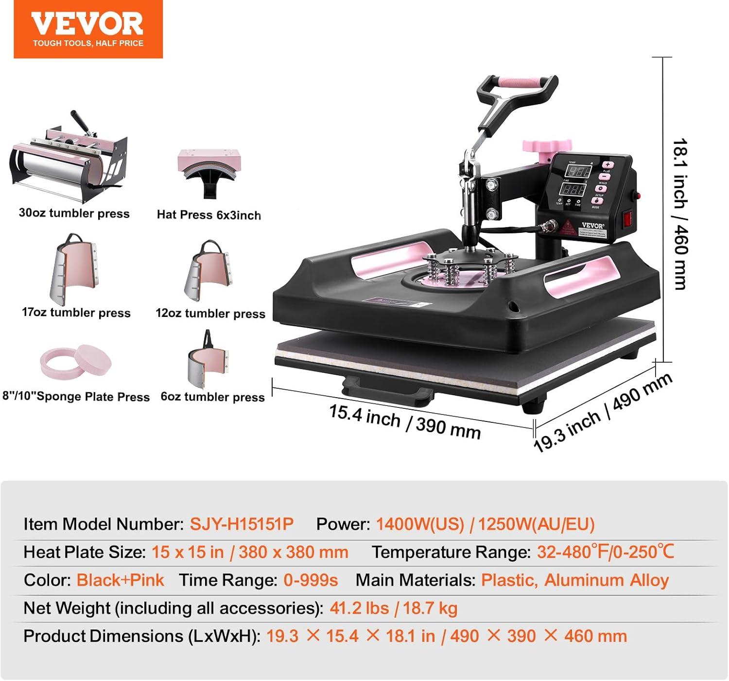 image:imageVEVOR 8 in 1 Heat Press Machine 15x15 Inch 360 Swing Away Tshirt Press Digital Professional Sublimation Heat Transfer for T Shirts Hat Cap Mug PlatePink