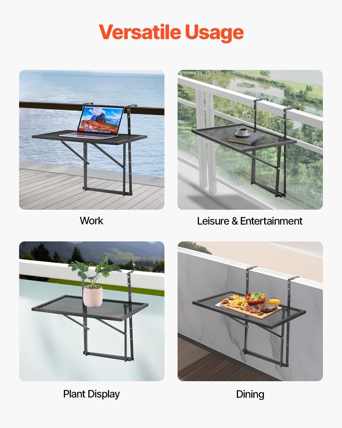 image:imageVEVOR Balcony Hanging Table 24 x 16 inch Metal Folding Bar Table Outdoor Balcony Railing Table 5Level Adjustable Fits Railings 1 to 47 Black Stainless Steel
