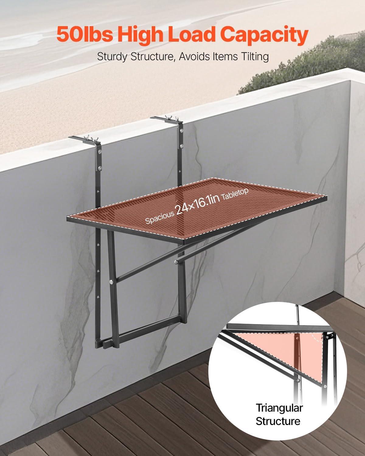 image:imageVEVOR Balcony Hanging Table 24 x 16 inch Metal Folding Bar Table Outdoor Balcony Railing Table 5Level Adjustable Fits Railings 1 to 47 Black Stainless Steel