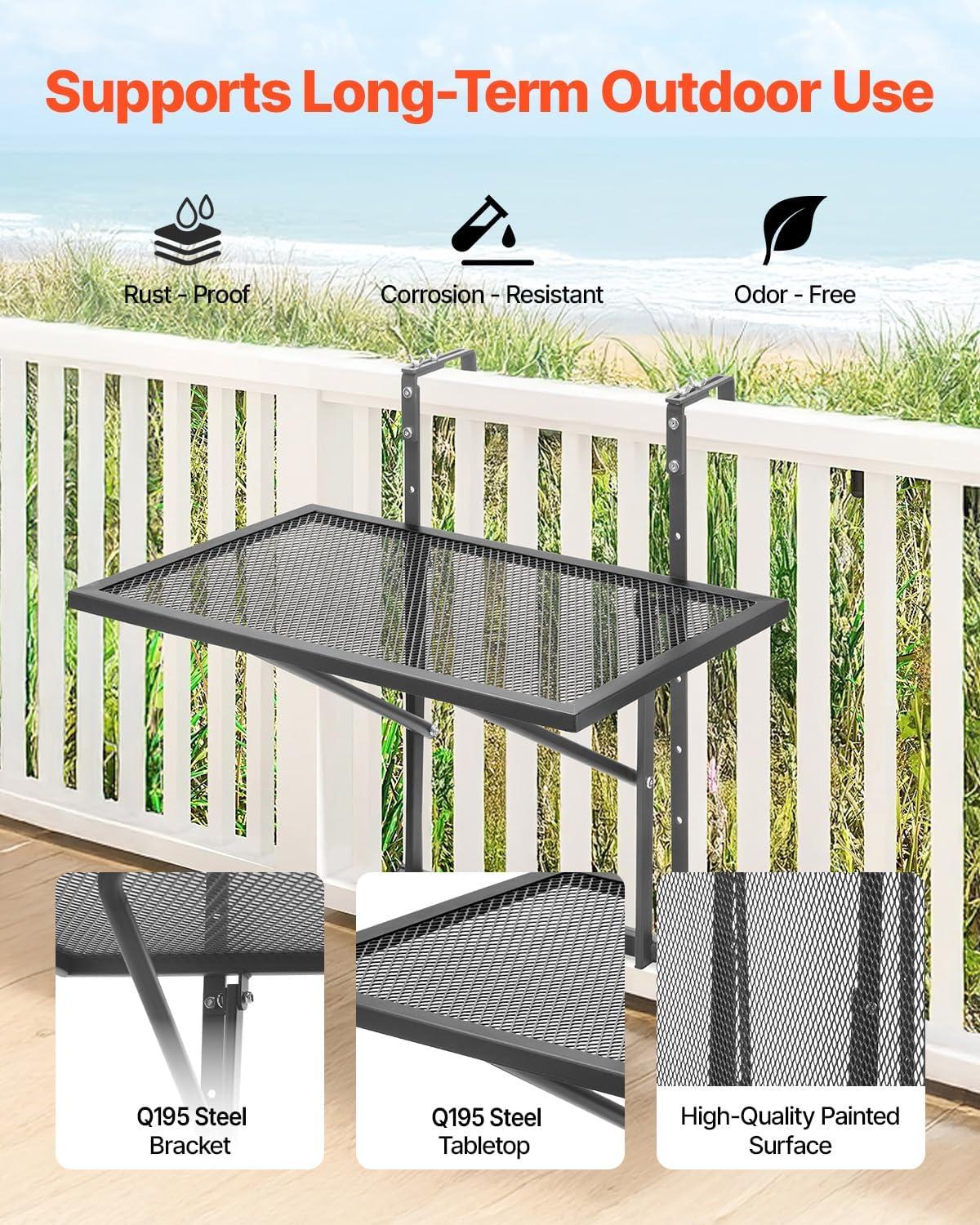 image:imageVEVOR Balcony Hanging Table 24 x 16 inch Metal Folding Bar Table Outdoor Balcony Railing Table 5Level Adjustable Fits Railings 1 to 47 Black Stainless Steel