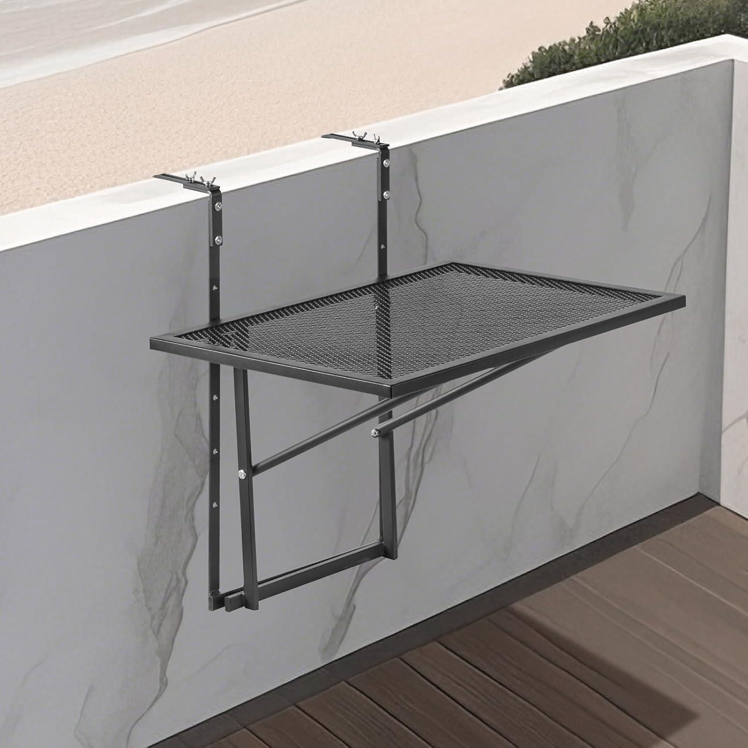 image:imageVEVOR Balcony Hanging Table 24 x 16 inch Metal Folding Bar Table Outdoor Balcony Railing Table 5Level Adjustable Fits Railings 1 to 47 Black Stainless Steel