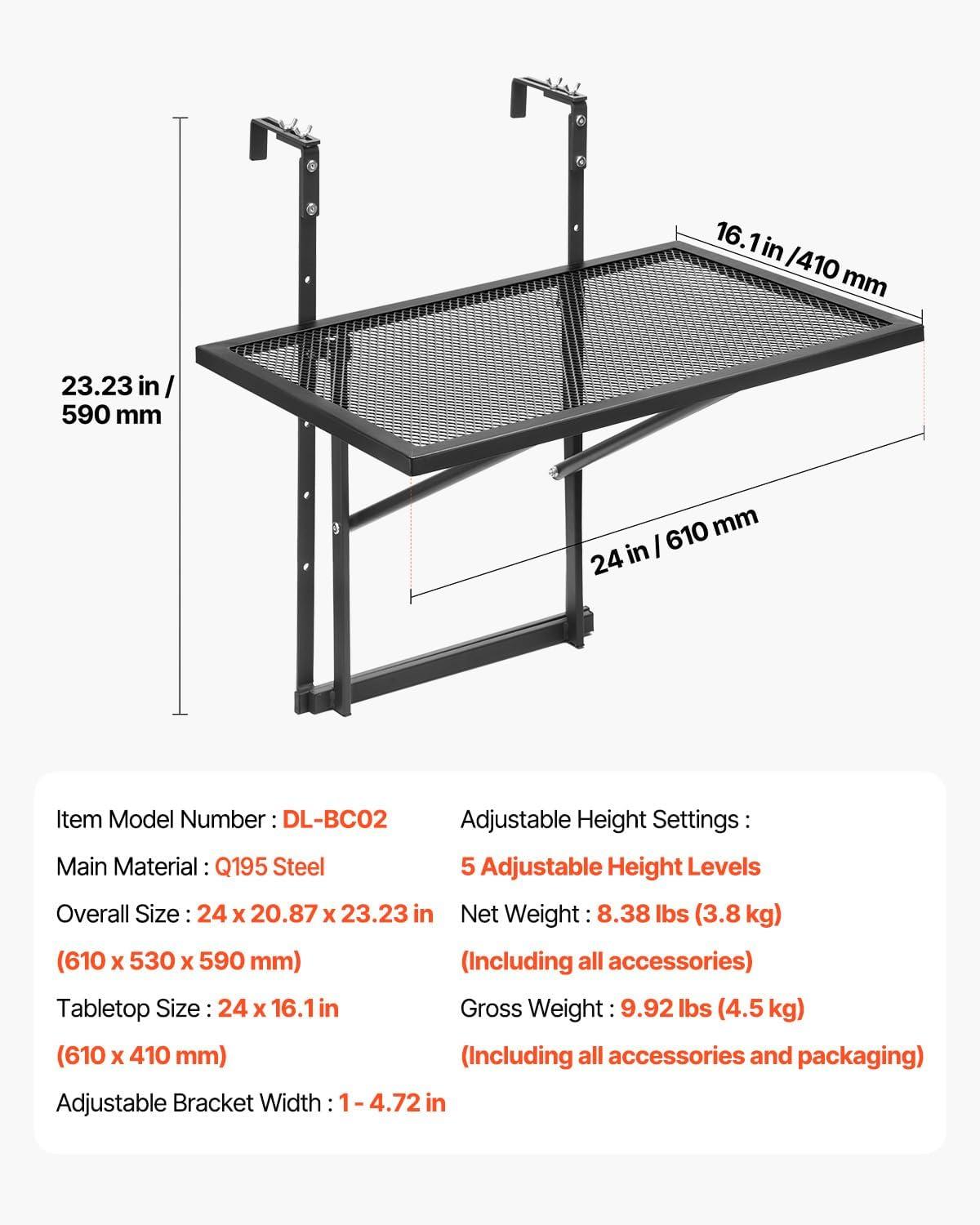 image:imageVEVOR Balcony Hanging Table 24 x 16 inch Metal Folding Bar Table Outdoor Balcony Railing Table 5Level Adjustable Fits Railings 1 to 47 Black Stainless Steel