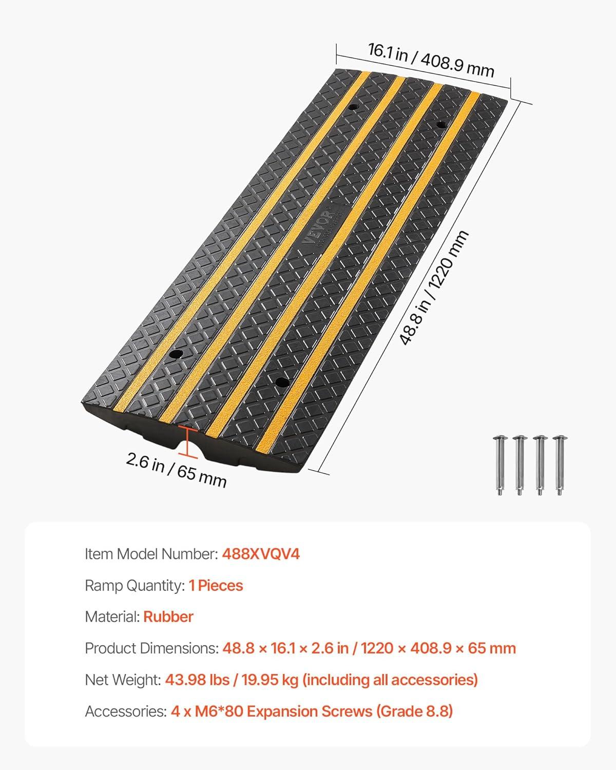image:imageVEVOR Car Driveway Rubber Curb Ramp 2 Pack 488inchLong Heavy Duty Low Profile Slope Ramps 26 Rise 33069 lbs Load Capacity Reflective Safety Strips for Vehicles RVs and Wheelchairs1Pack4FTlong