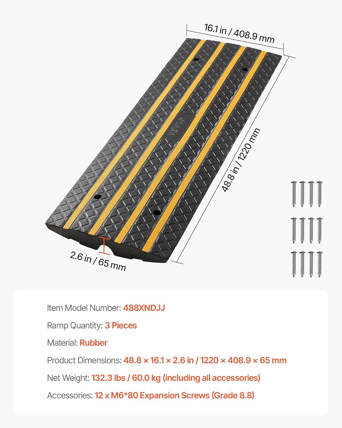 image:imageVEVOR Car Driveway Rubber Curb Ramp 2 Pack 488inchLong Heavy Duty Low Profile Slope Ramps 26 Rise 33069 lbs Load Capacity Reflective Safety Strips for Vehicles RVs and Wheelchairs3Pack4FTlong