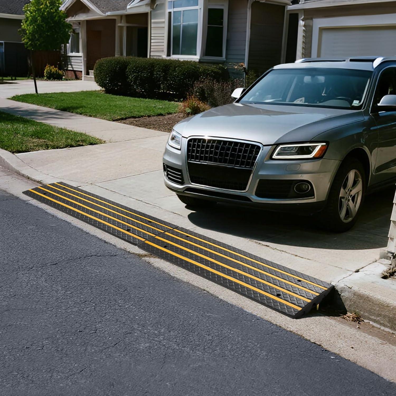 image:imageVEVOR Car Driveway Rubber Curb Ramp 2 Pack 488inchLong Heavy Duty Low Profile Slope Ramps 26 Rise 33069 lbs Load Capacity Reflective Safety Strips for Vehicles RVs and Wheelchairs1Pack4FTlong