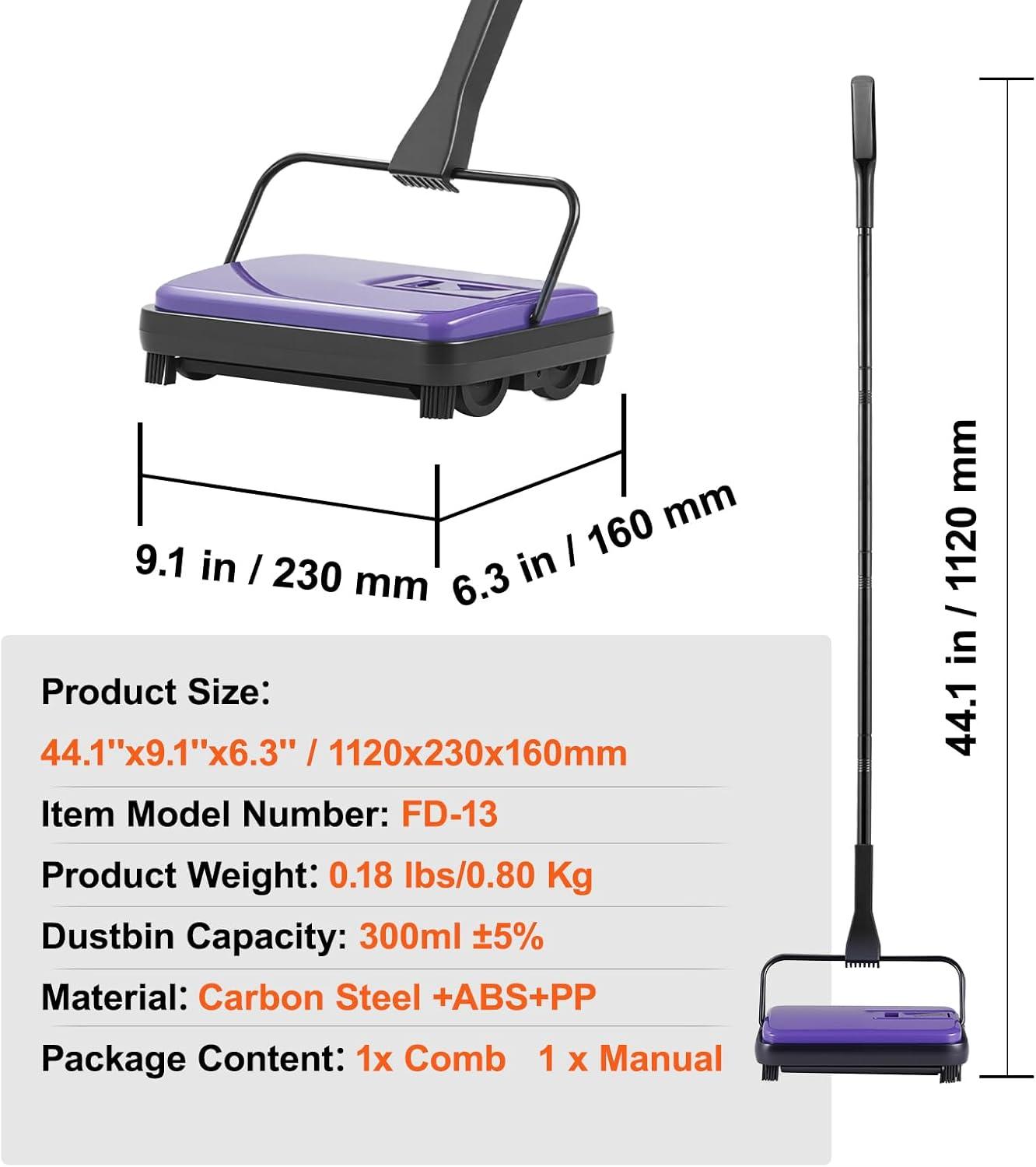 image:imageVEVOR Carpet Sweeper 787 in Sweeping Paths Floor Sweeper Manual Non Electric 300 ml Dustbin Capacity with Comb for Home Office Rugs Hardwood Surfaces Wood Floors Laminate Cleans Dust Pet HairPurple