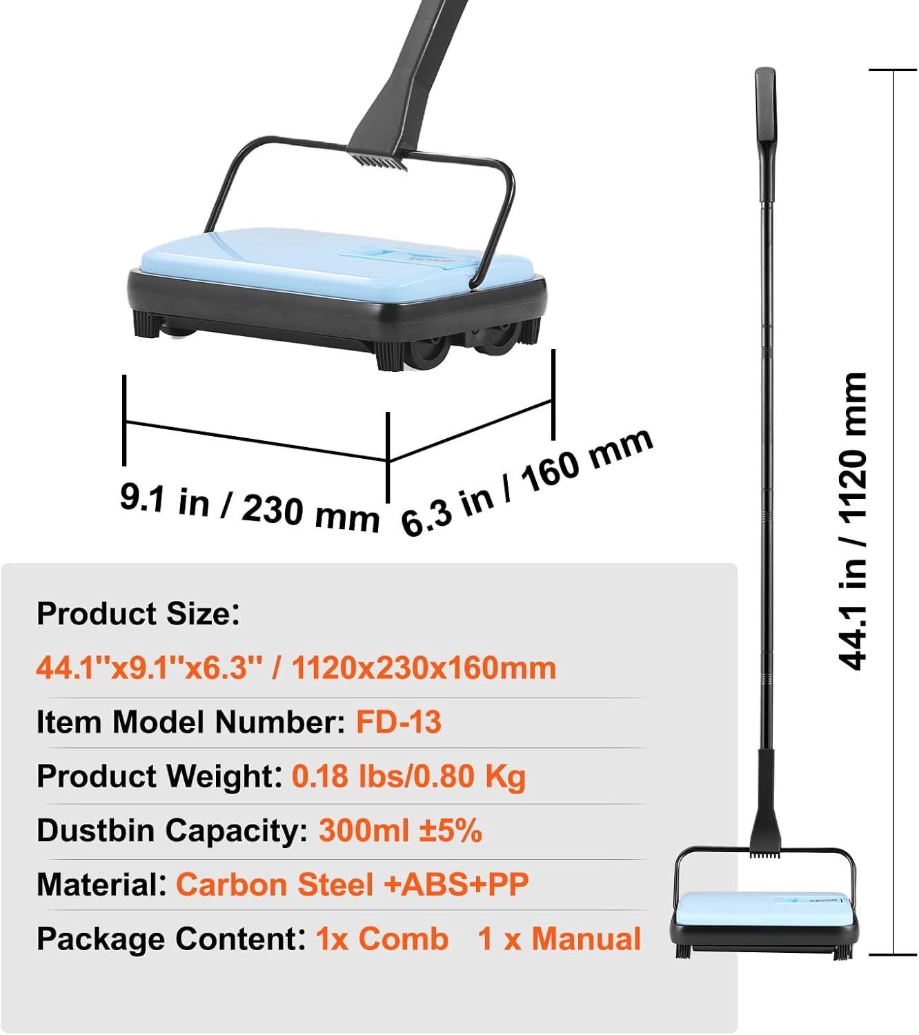image:imageVEVOR Carpet Sweeper 787 in Sweeping Paths Floor Sweeper Manual Non Electric 300 ml Dustbin Capacity with Comb for Home Office Rugs Hardwood Surfaces Wood Floors Laminate Cleans Dust Pet HairBlue