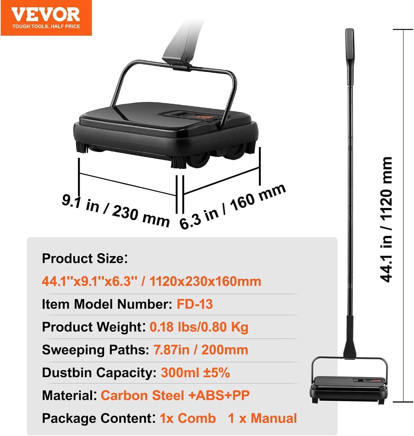 image:imageVEVOR Carpet Sweeper 787 in Sweeping Paths Floor Sweeper Manual Non Electric 300 ml Dustbin Capacity with Comb for Home Office Rugs Hardwood Surfaces Wood Floors Laminate Cleans Dust Pet HairBlack