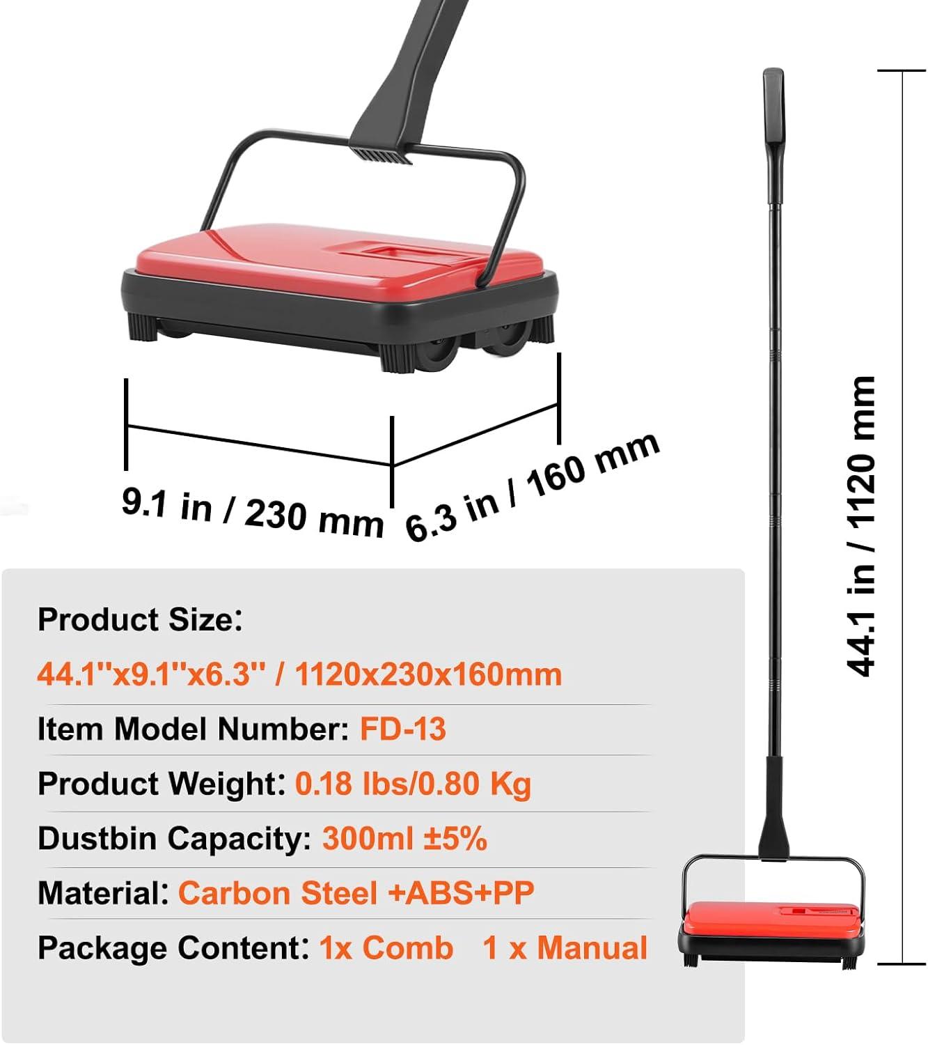 image:imageVEVOR Carpet Sweeper 787 in Sweeping Paths Floor Sweeper Manual Non Electric 300 ml Dustbin Capacity with Comb for Home Office Rugs Hardwood Surfaces Wood Floors Laminate Cleans Dust Pet HairRed
