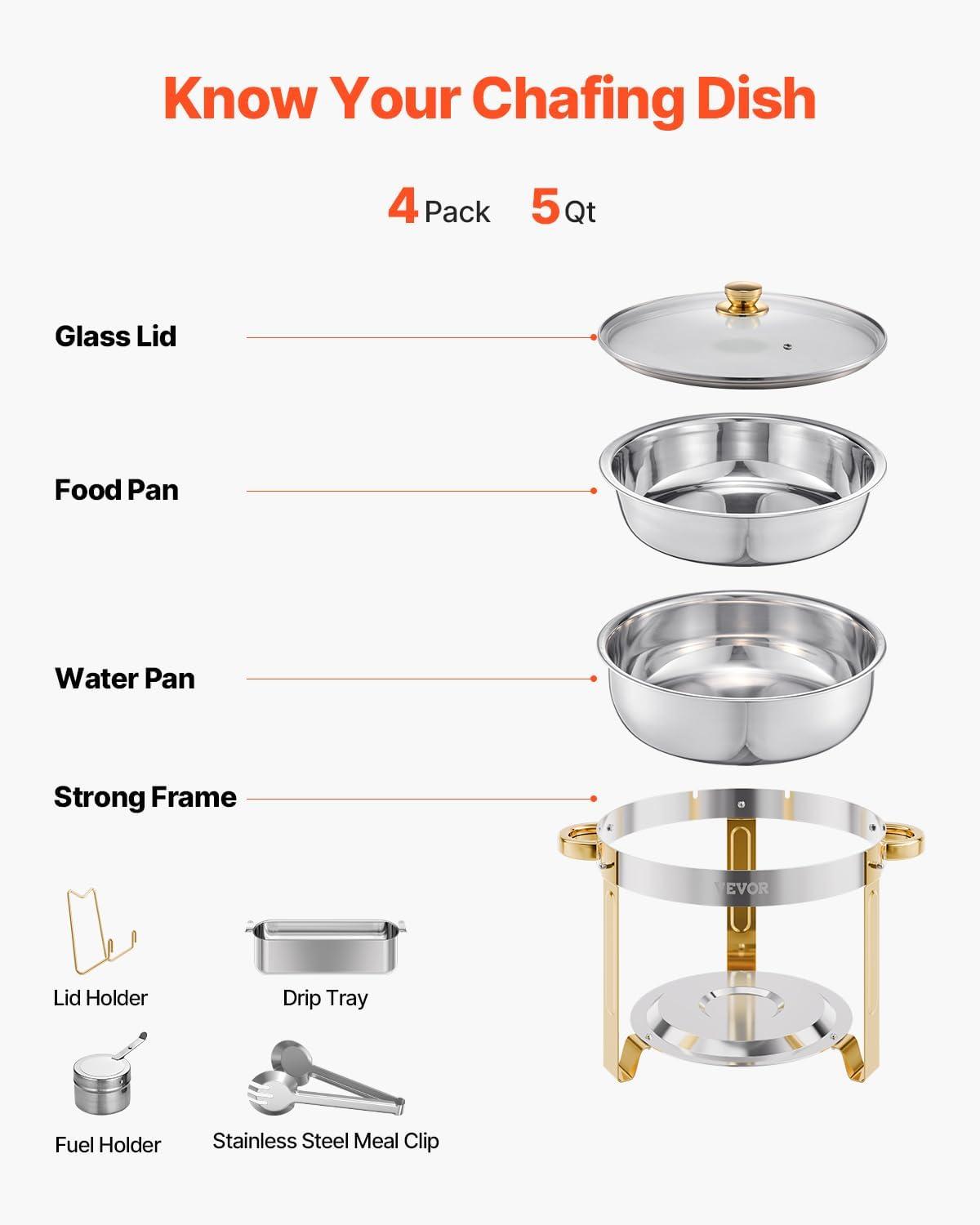image:imageVEVOR Chafing Dish Buffet Set 5 Qt 4 Pack Stainless Steel Chafer with 4 Full Size Pan Round Catering Warmer Server with Glass Lid Water Pan Folding Stand Fuel Holder for Wedding Banquet GoldGold