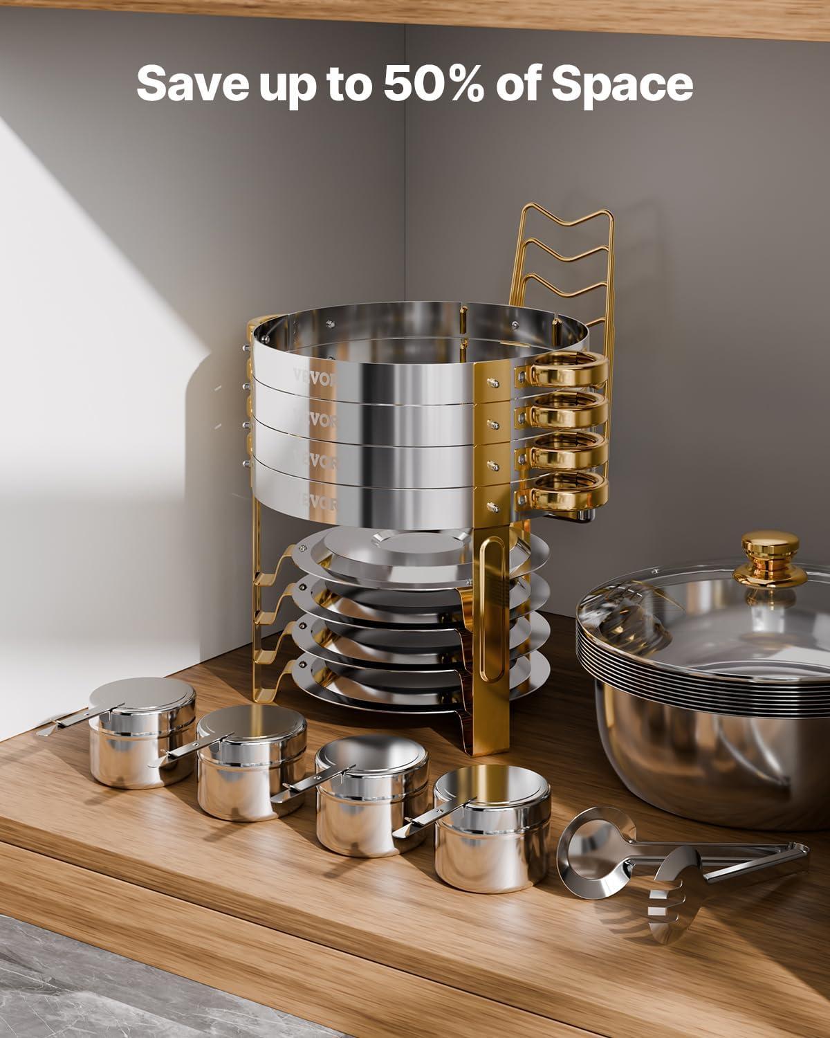 image:imageVEVOR Chafing Dish Buffet Set 5 Qt 4 Pack Stainless Steel Chafer with 4 Full Size Pan Round Catering Warmer Server with Glass Lid Water Pan Folding Stand Fuel Holder for Wedding Banquet GoldGold