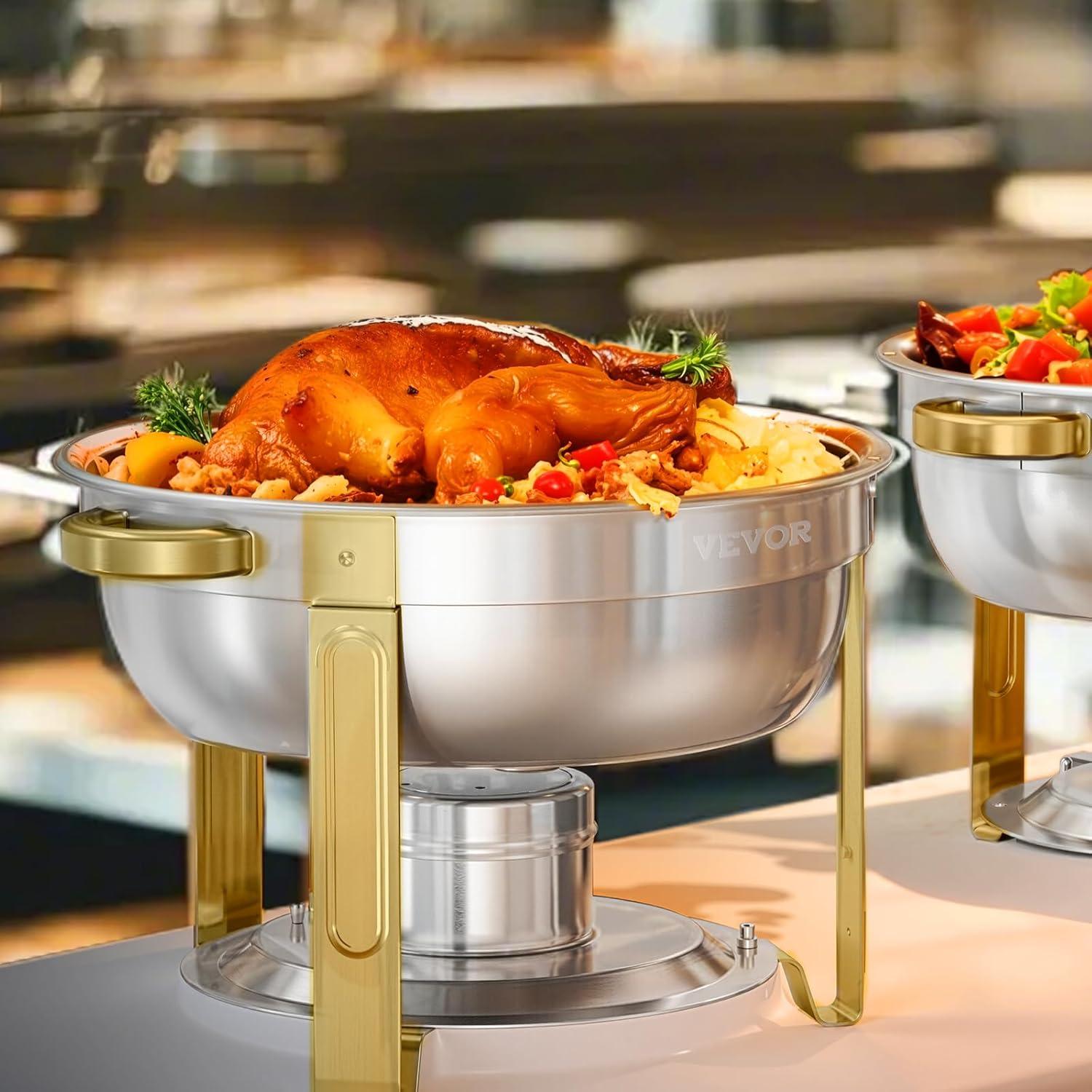image:imageVEVOR Chafing Dish Buffet Set 5 Qt 4 Pack Stainless Steel Chafer with 4 Full Size Pan Round Catering Warmer Server with Glass Lid Water Pan Folding Stand Fuel Holder for Wedding Banquet GoldGold