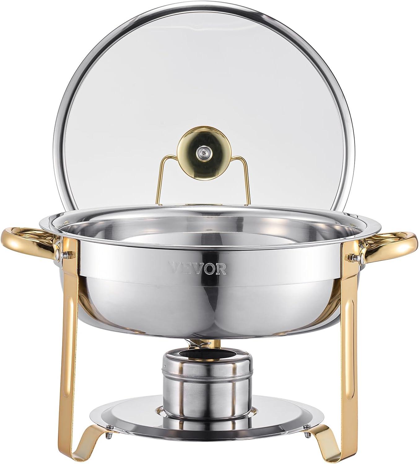 image:imageVEVOR Chafing Dish Buffet Set 5 Qt 4 Pack Stainless Steel Chafer with 4 Full Size Pan Round Catering Warmer Server with Glass Lid Water Pan Folding Stand Fuel Holder for Wedding Banquet GoldGold