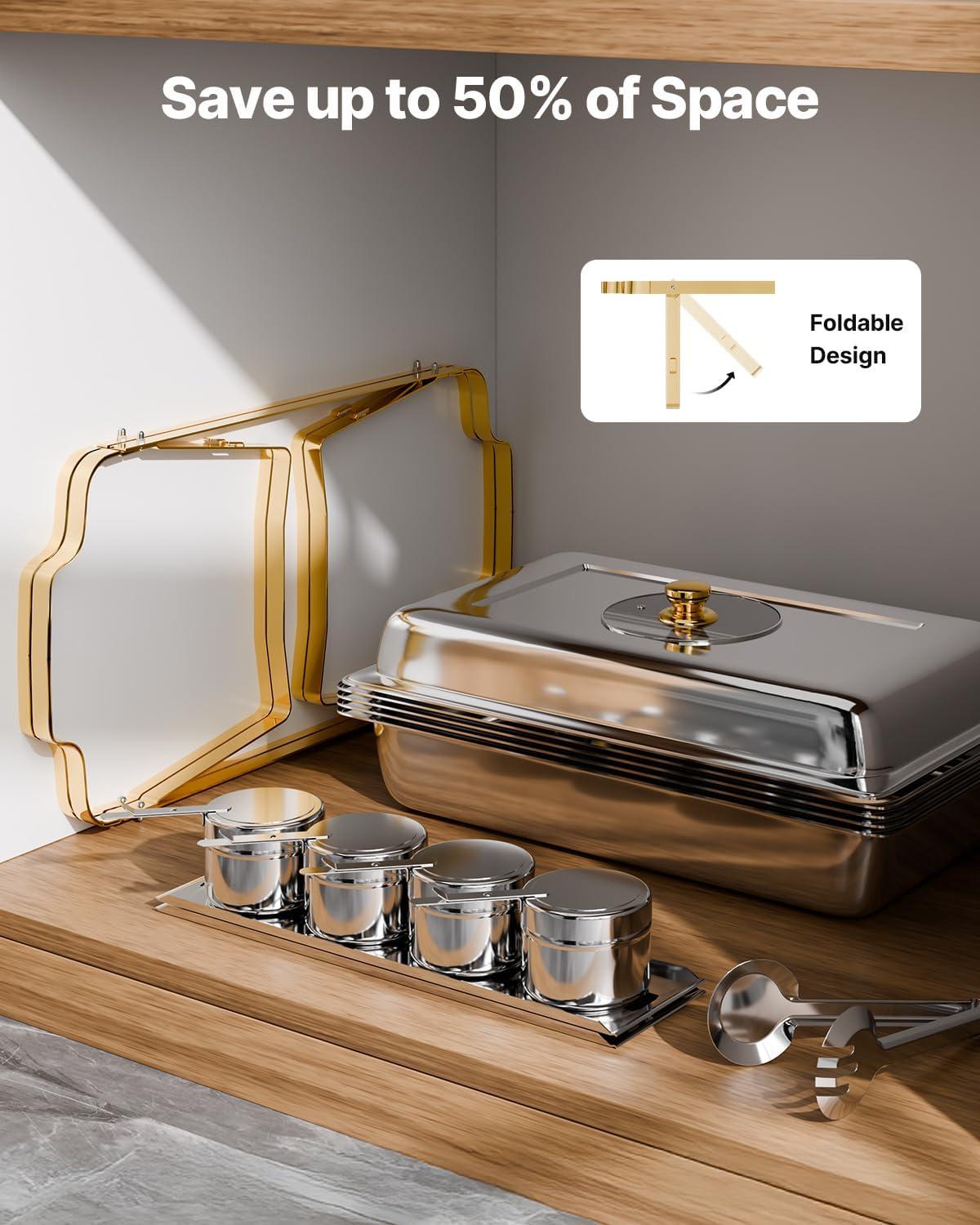 image:imageVEVOR Chafing Dish Buffet Set 8 Qt 6 Pack Stainless Steel Chafer with 6 Full Size Pans Rectangle Catering Warmer Server with Lid Water Pan Stand Fuel Holder for Weddings Parties Banquets SilverGold