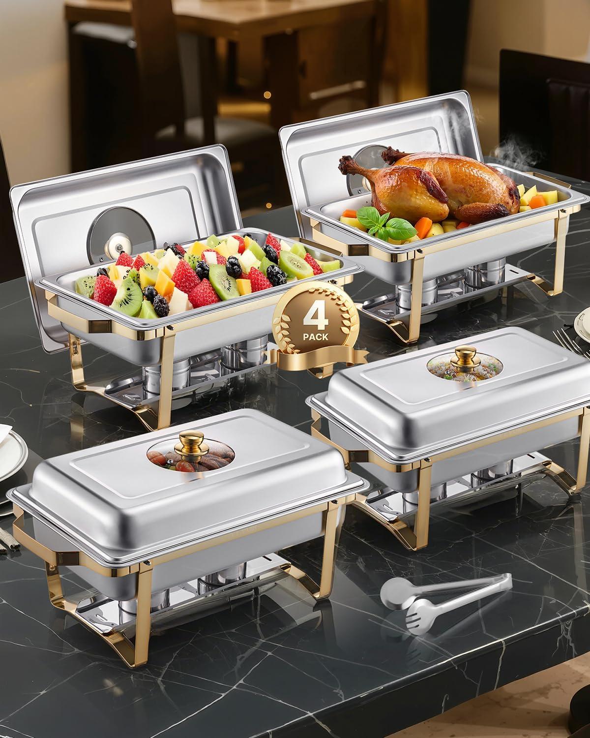 image:imageVEVOR Chafing Dish Buffet Set 8 Qt 6 Pack Stainless Steel Chafer with 6 Full Size Pans Rectangle Catering Warmer Server with Lid Water Pan Stand Fuel Holder for Weddings Parties Banquets SilverGold