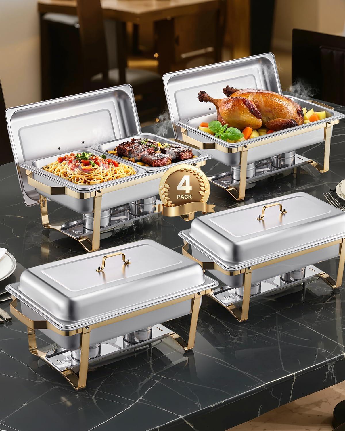 image:imageVEVOR Chafing Dish Buffet Set 8 Qt 6 Pack Stainless Steel Chafer with 6 Full Size Pans Rectangle Catering Warmer Server with Lid Water Pan Stand Fuel Holder for Weddings Parties Banquets SilverGold
