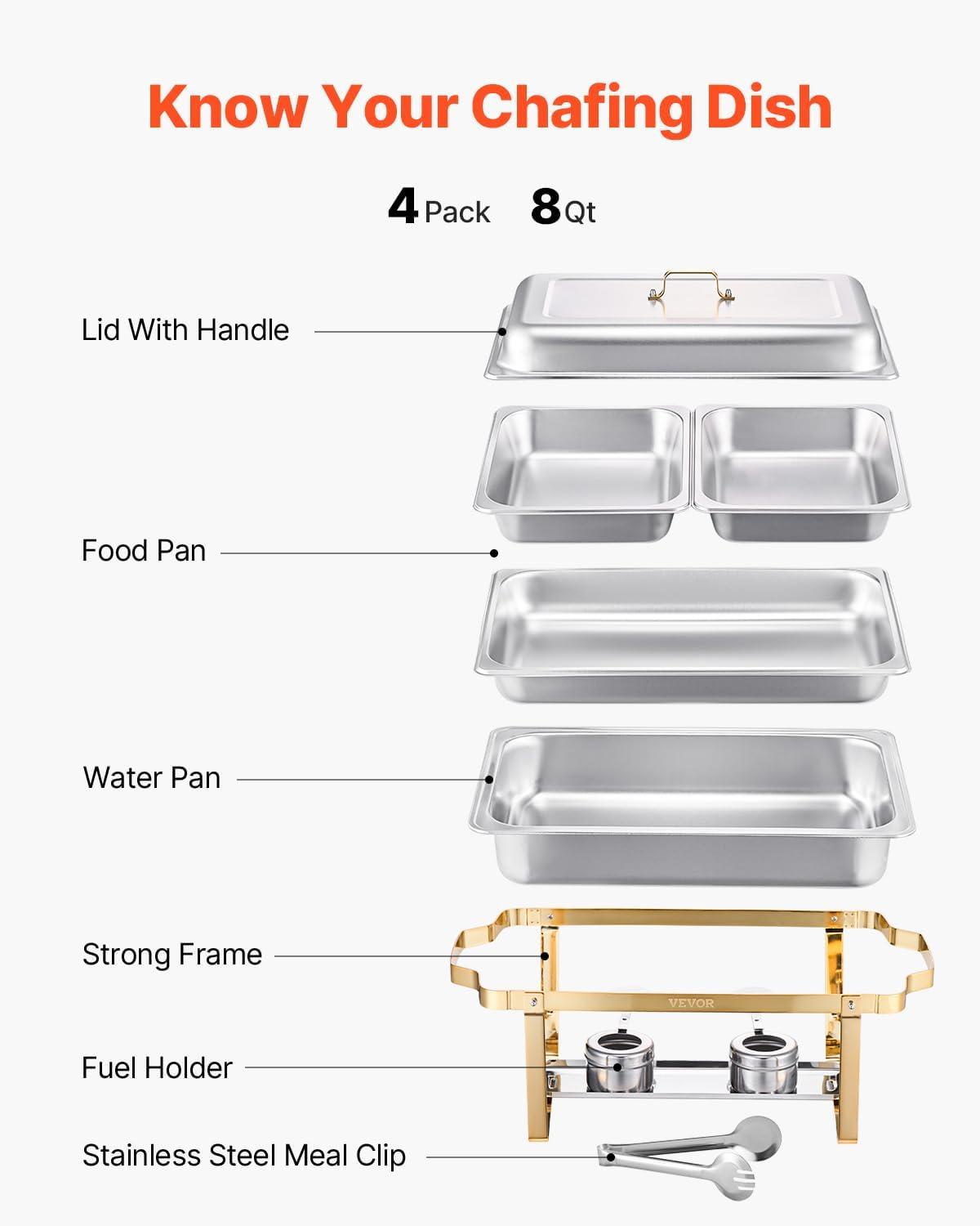 image:imageVEVOR Chafing Dish Buffet Set 8 Qt 6 Pack Stainless Steel Chafer with 6 Full Size Pans Rectangle Catering Warmer Server with Lid Water Pan Stand Fuel Holder for Weddings Parties Banquets SilverGold