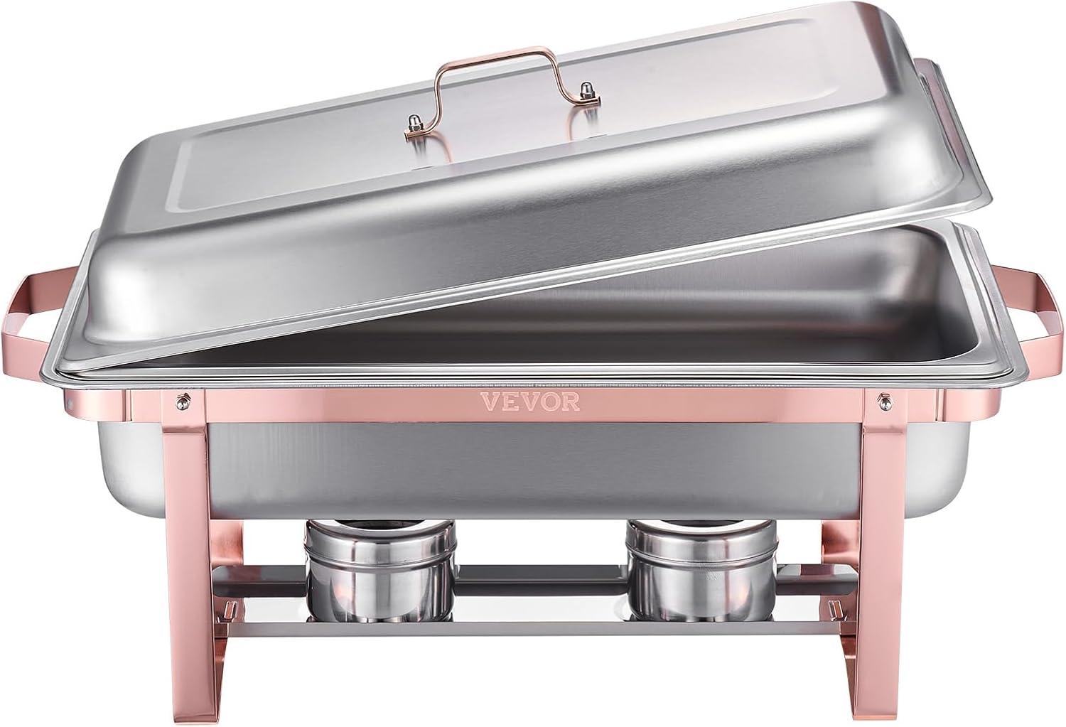 image:imageVEVOR Chafing Dish Buffet Set 8 Qt 6 Pack Stainless Steel Chafer with 6 Full Size Pans Rectangle Catering Warmer Server with Lid Water Pan Stand Fuel Holder for Weddings Parties Banquets SilverRose Gold