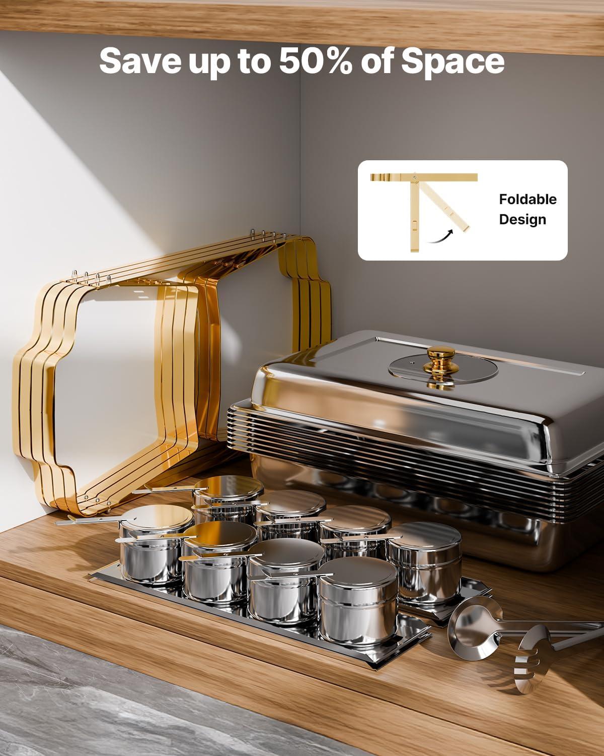 image:imageVEVOR Chafing Dish Buffet Set 8 Qt 6 Pack Stainless Steel Chafer with 6 Full Size Pans Rectangle Catering Warmer Server with Lid Water Pan Stand Fuel Holder for Weddings Parties Banquets SilverGold