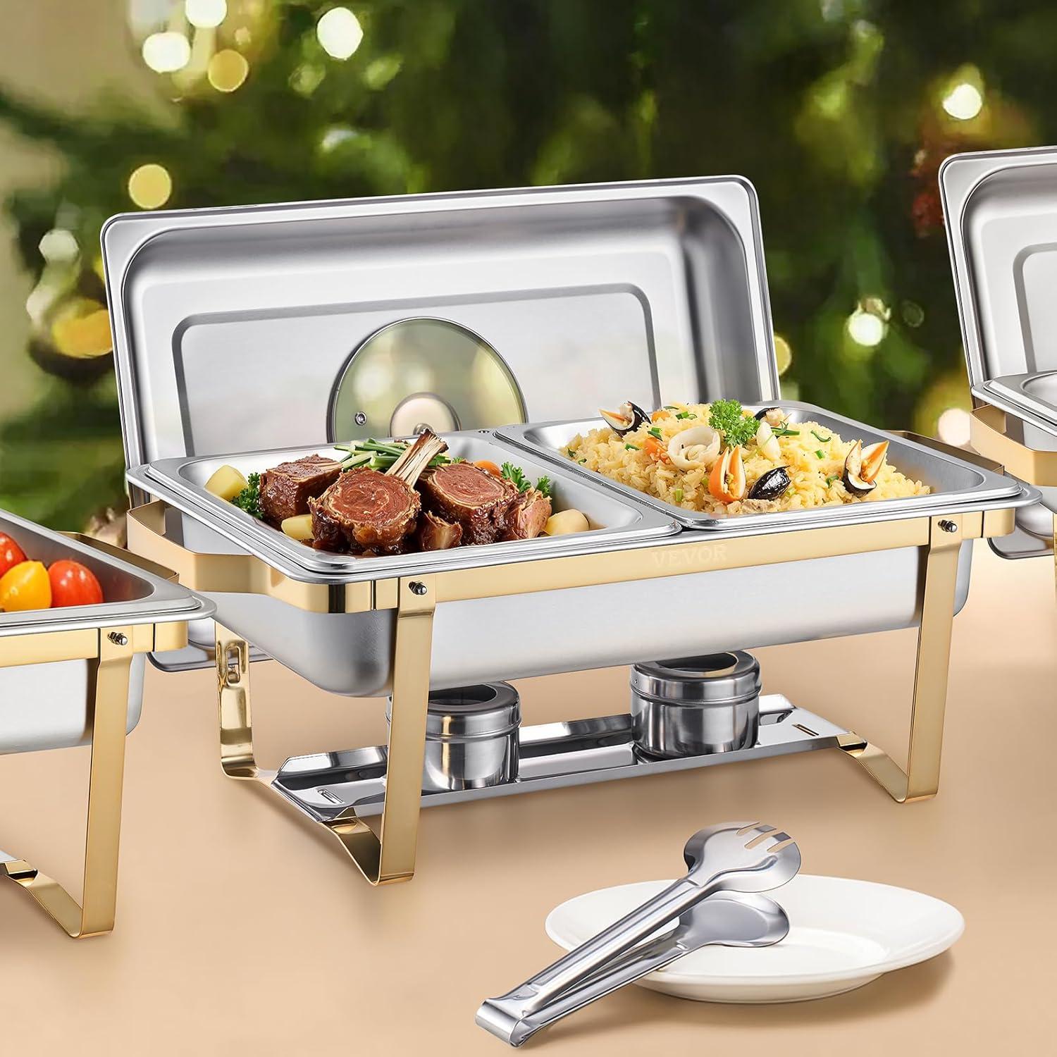 image:imageVEVOR Chafing Dish Buffet Set 8 Qt 6 Pack Stainless Steel Chafer with 6 Full Size Pans Rectangle Catering Warmer Server with Lid Water Pan Stand Fuel Holder for Weddings Parties Banquets SilverGold