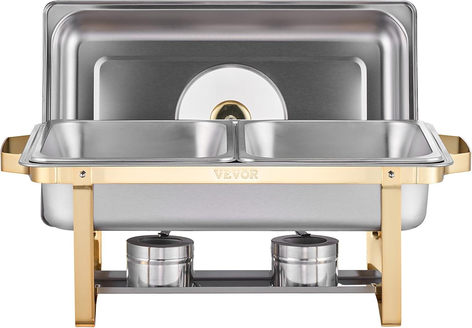 image:imageVEVOR Chafing Dish Buffet Set 8 Qt 6 Pack Stainless Steel Chafer with 6 Full Size Pans Rectangle Catering Warmer Server with Lid Water Pan Stand Fuel Holder for Weddings Parties Banquets SilverGold