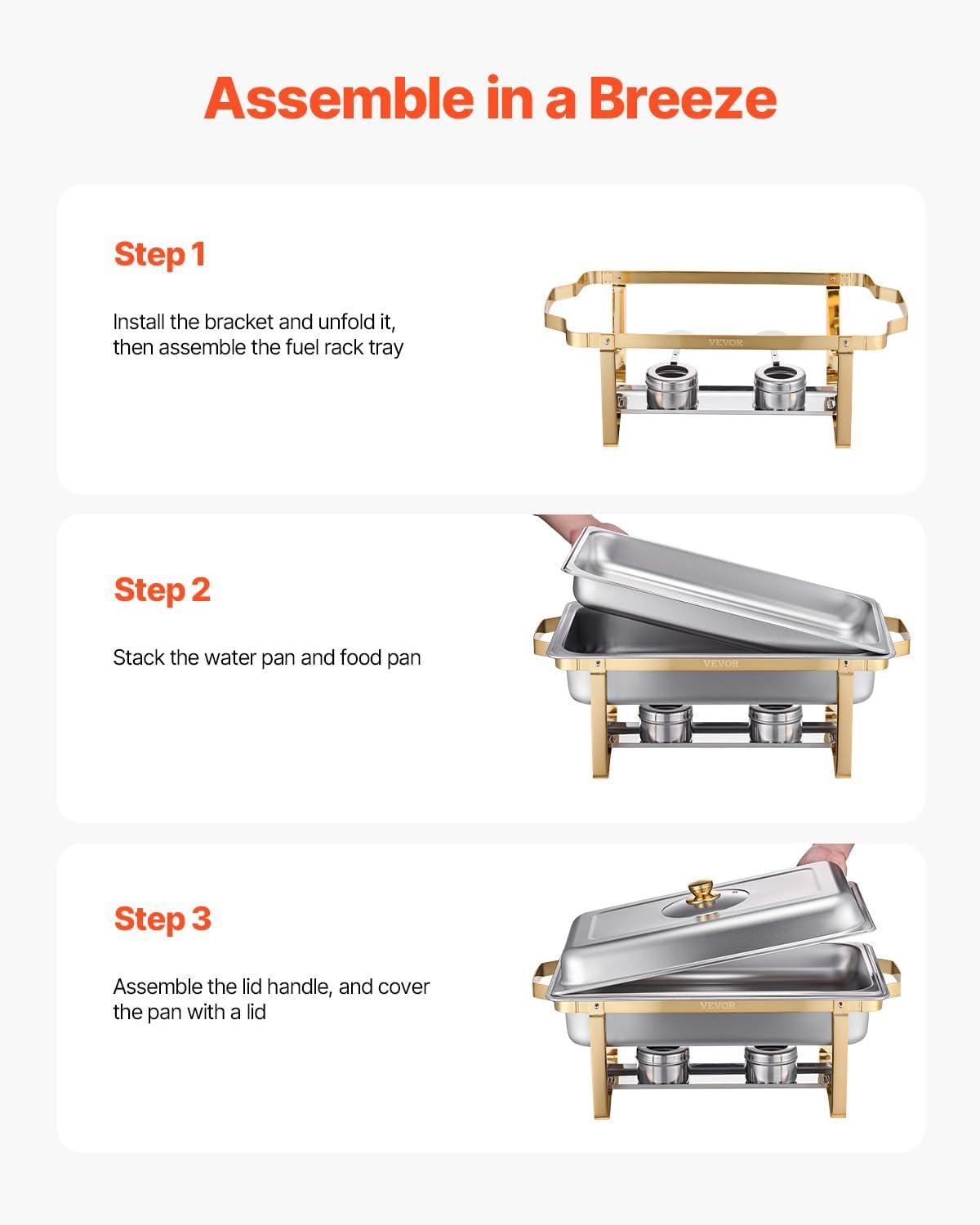 image:imageVEVOR Chafing Dish Buffet Set 8 Qt 6 Pack Stainless Steel Chafer with 6 Full Size Pans Rectangle Catering Warmer Server with Lid Water Pan Stand Fuel Holder for Weddings Parties Banquets SilverGold