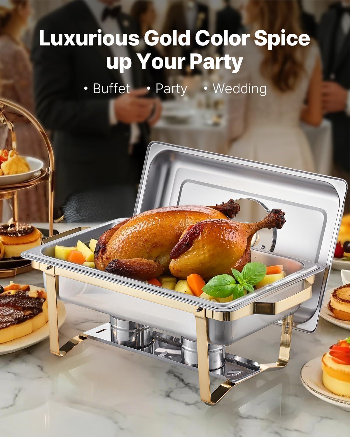 image:imageVEVOR Chafing Dish Buffet Set 8 Qt 6 Pack Stainless Steel Chafer with 6 Full Size Pans Rectangle Catering Warmer Server with Lid Water Pan Stand Fuel Holder for Weddings Parties Banquets SilverGold