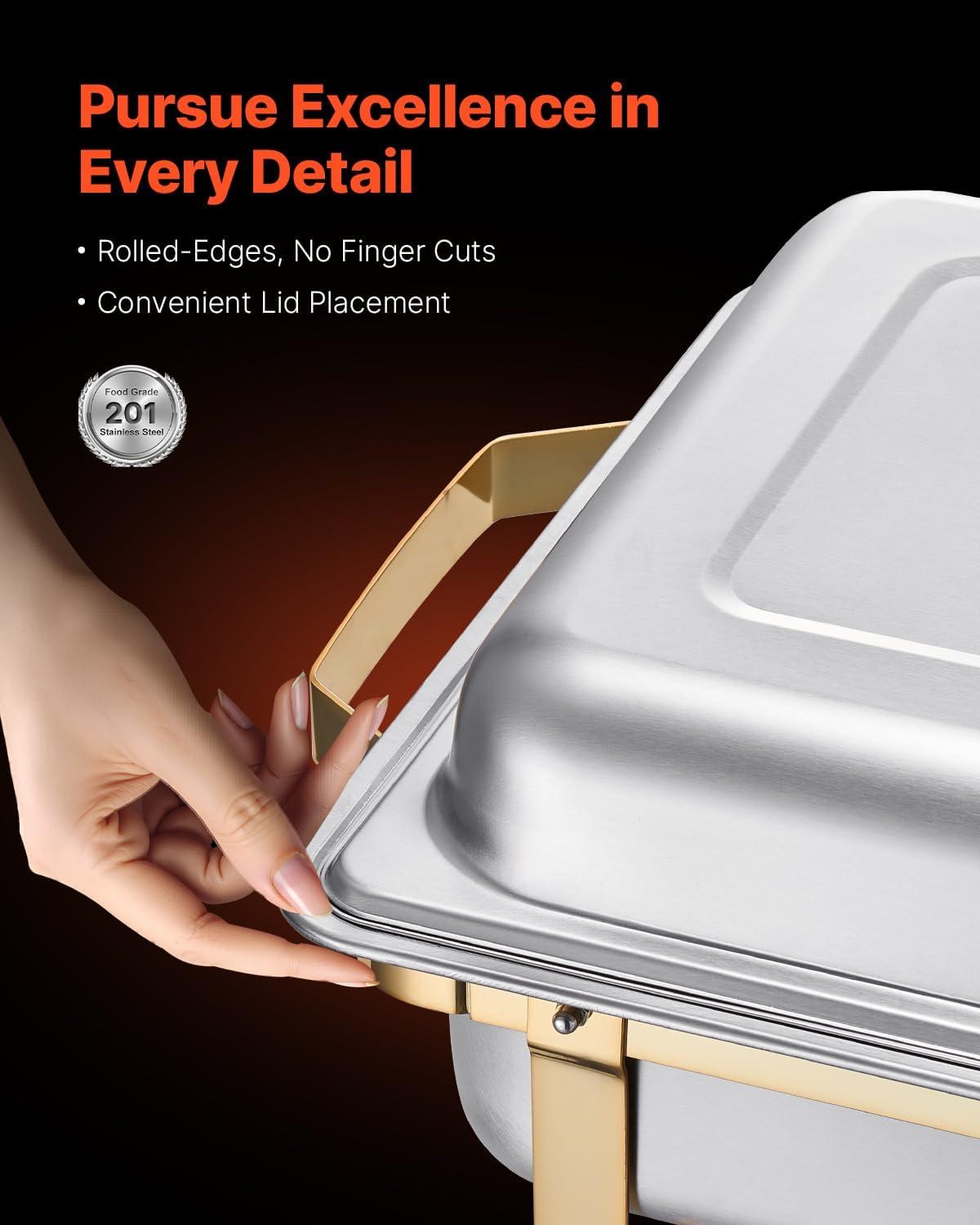 image:imageVEVOR Chafing Dish Buffet Set 8 Qt 6 Pack Stainless Steel Chafer with 6 Full Size Pans Rectangle Catering Warmer Server with Lid Water Pan Stand Fuel Holder for Weddings Parties Banquets SilverGold