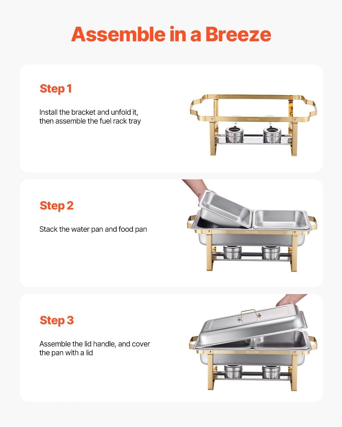 image:imageVEVOR Chafing Dish Buffet Set 8 Qt 6 Pack Stainless Steel Chafer with 6 Full Size Pans Rectangle Catering Warmer Server with Lid Water Pan Stand Fuel Holder for Weddings Parties Banquets SilverGold