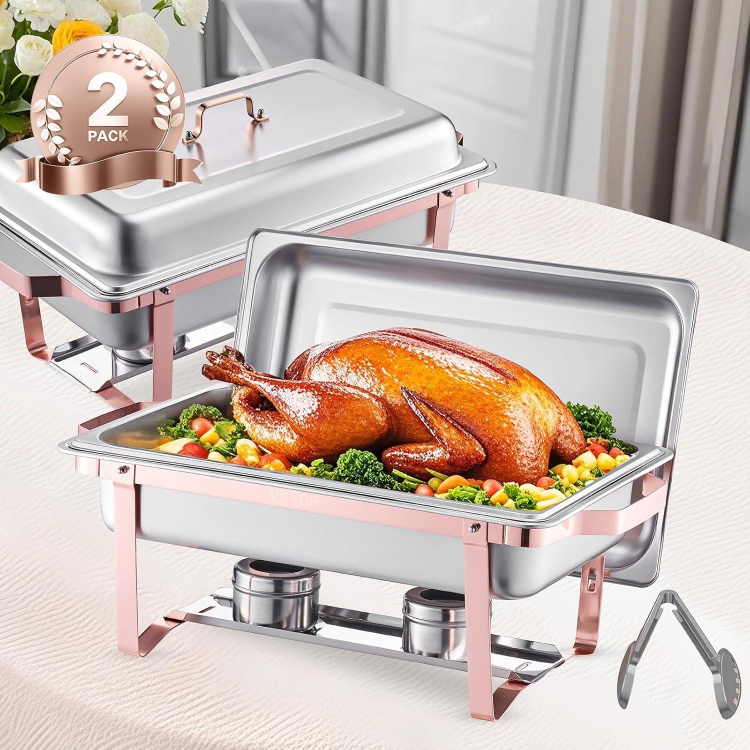 image:imageVEVOR Chafing Dish Buffet Set 8 Qt 6 Pack Stainless Steel Chafer with 6 Full Size Pans Rectangle Catering Warmer Server with Lid Water Pan Stand Fuel Holder for Weddings Parties Banquets SilverRose Gold