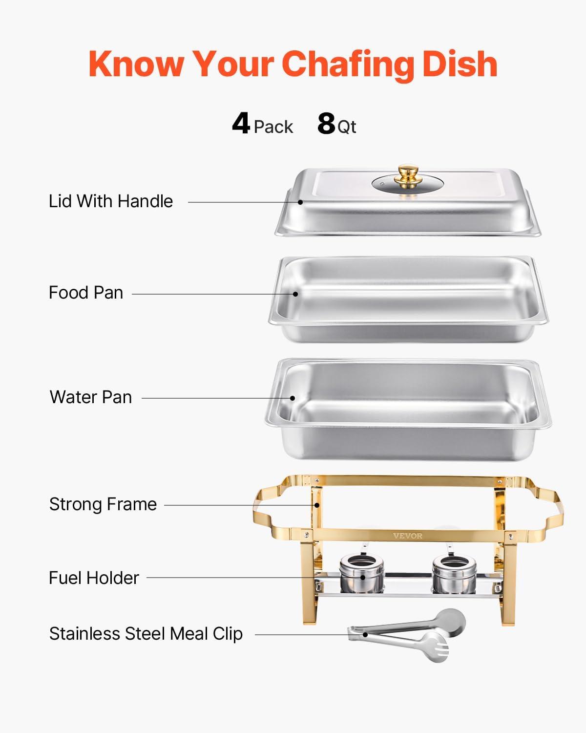 image:imageVEVOR Chafing Dish Buffet Set 8 Qt 6 Pack Stainless Steel Chafer with 6 Full Size Pans Rectangle Catering Warmer Server with Lid Water Pan Stand Fuel Holder for Weddings Parties Banquets SilverGold
