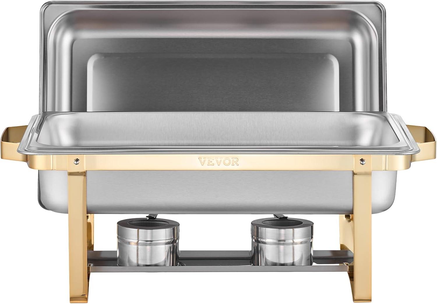 image:imageVEVOR Chafing Dish Buffet Set 8 Qt 6 Pack Stainless Steel Chafer with 6 Full Size Pans Rectangle Catering Warmer Server with Lid Water Pan Stand Fuel Holder for Weddings Parties Banquets SilverGold