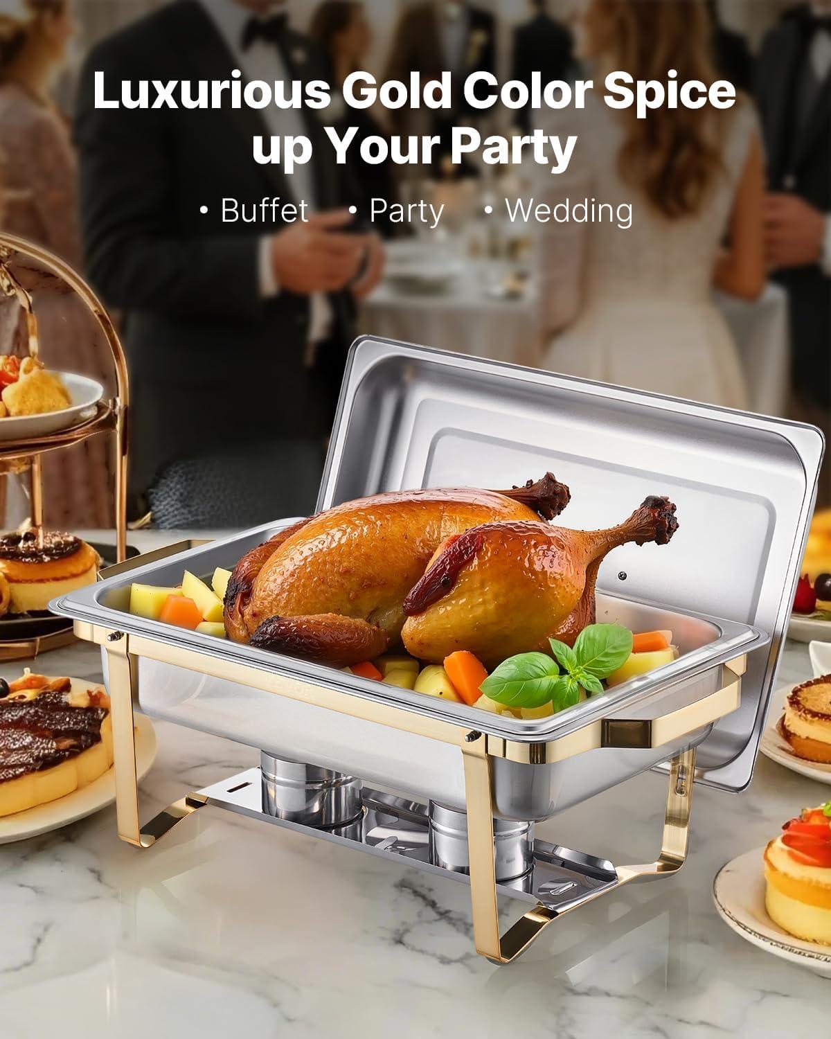 image:imageVEVOR Chafing Dish Buffet Set 8 Qt 6 Pack Stainless Steel Chafer with 6 Full Size Pans Rectangle Catering Warmer Server with Lid Water Pan Stand Fuel Holder for Weddings Parties Banquets SilverGold