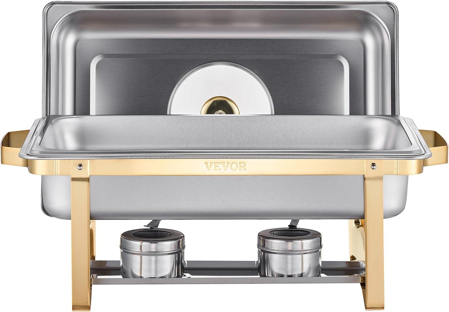 image:imageVEVOR Chafing Dish Buffet Set 8 Qt 6 Pack Stainless Steel Chafer with 6 Full Size Pans Rectangle Catering Warmer Server with Lid Water Pan Stand Fuel Holder for Weddings Parties Banquets SilverGold