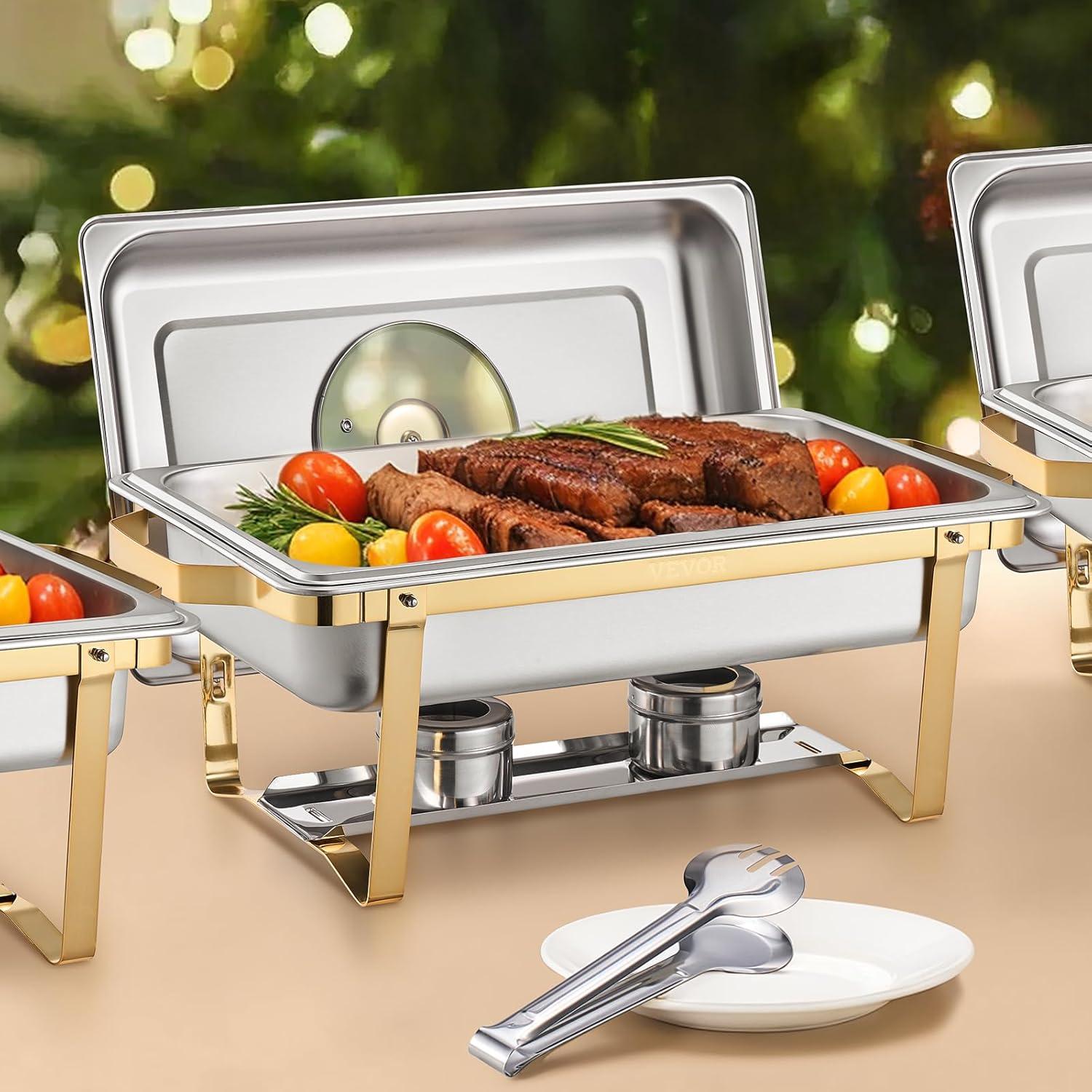 image:imageVEVOR Chafing Dish Buffet Set 8 Qt 6 Pack Stainless Steel Chafer with 6 Full Size Pans Rectangle Catering Warmer Server with Lid Water Pan Stand Fuel Holder for Weddings Parties Banquets SilverGold