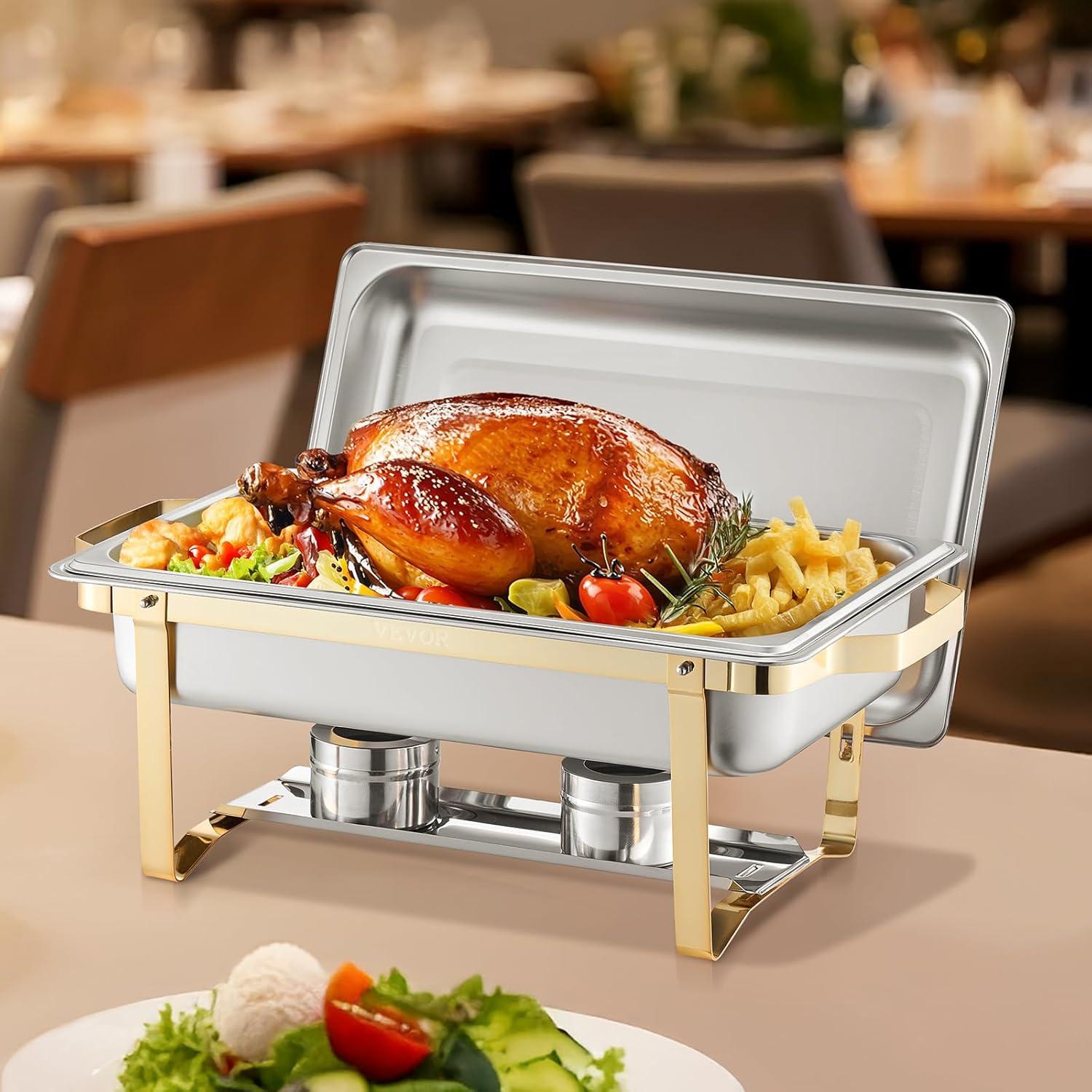 image:imageVEVOR Chafing Dish Buffet Set 8 Qt 6 Pack Stainless Steel Chafer with 6 Full Size Pans Rectangle Catering Warmer Server with Lid Water Pan Stand Fuel Holder for Weddings Parties Banquets SilverGold