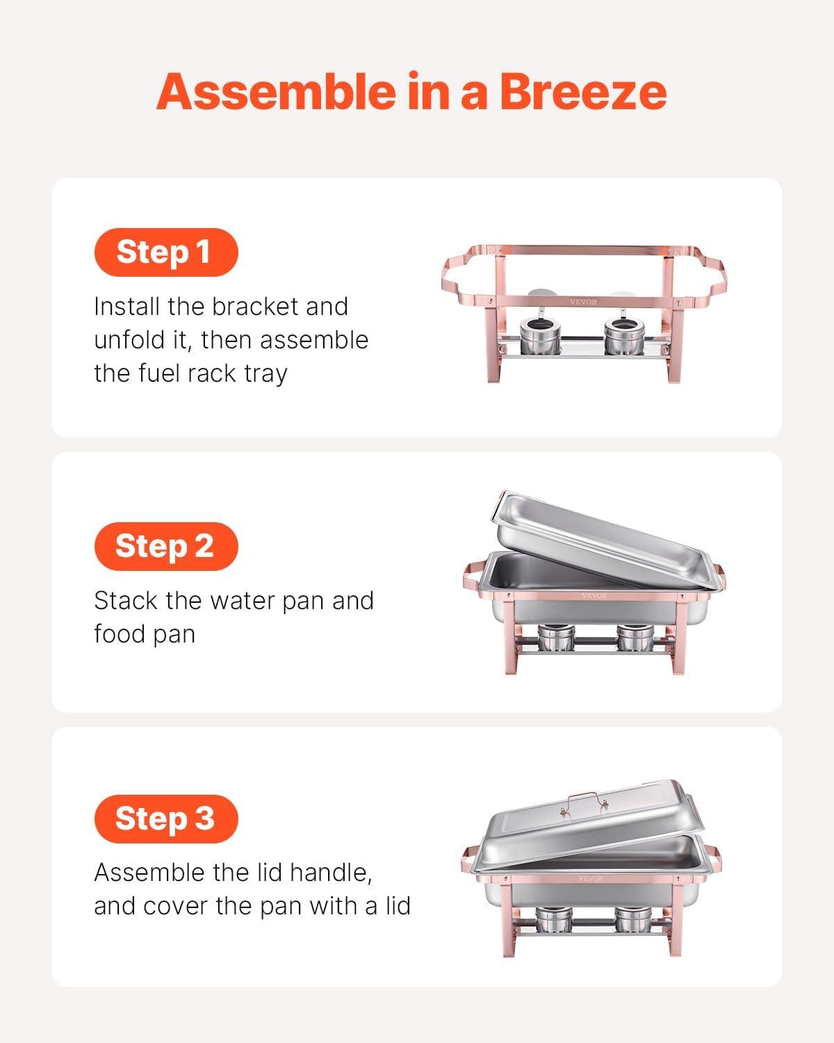 image:imageVEVOR Chafing Dish Buffet Set 8 Qt 6 Pack Stainless Steel Chafer with 6 Full Size Pans Rectangle Catering Warmer Server with Lid Water Pan Stand Fuel Holder for Weddings Parties Banquets SilverRose Gold