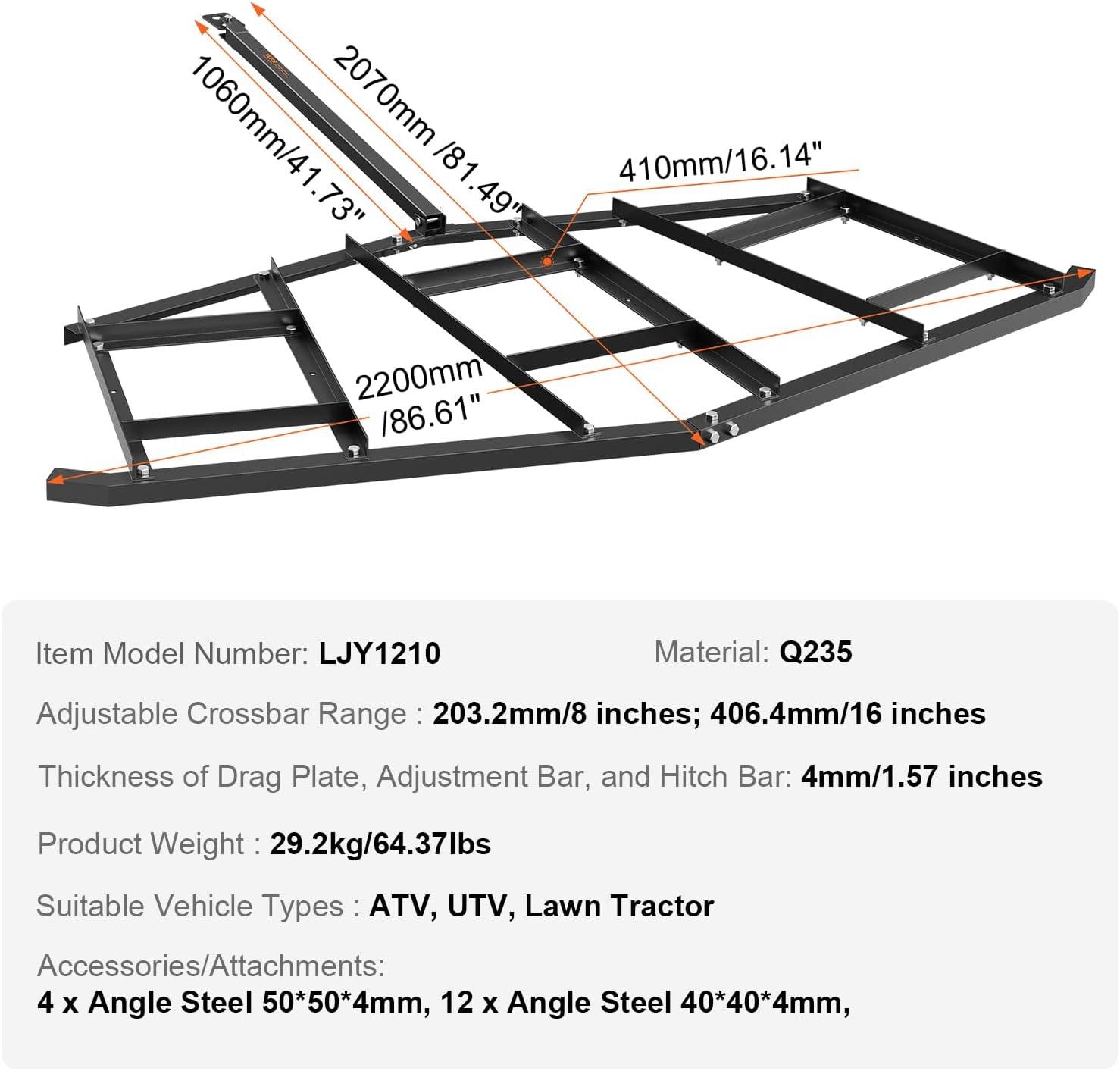image:imageVEVOR Drag Harrow 66 Width Tow Behind Drag Harrow Q235 Steel Driveway Grader with Adjustable Bars amp Pin Hitch Support up to 50 lbs Tractor Driveway Harrow for ATVs UTVs Garden Lawn Tractors84
