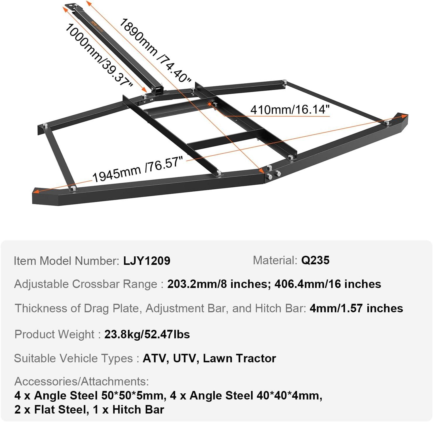image:imageVEVOR Drag Harrow 66 Width Tow Behind Drag Harrow Q235 Steel Driveway Grader with Adjustable Bars amp Pin Hitch Support up to 50 lbs Tractor Driveway Harrow for ATVs UTVs Garden Lawn Tractors766