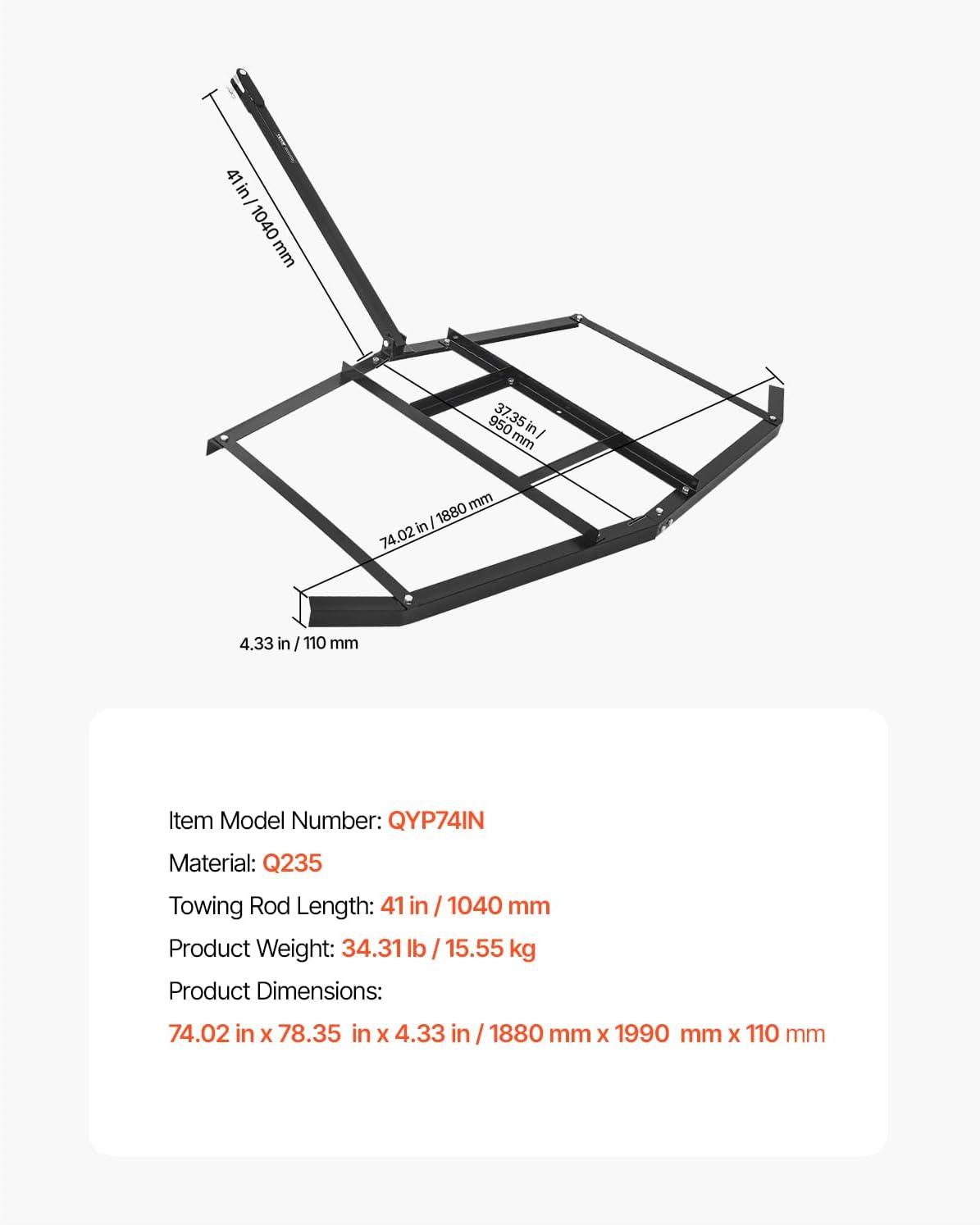 image:imageVEVOR Drag Harrow 66 Width Tow Behind Drag Harrow Q235 Steel Driveway Grader with Adjustable Bars amp Pin Hitch Support up to 50 lbs Tractor Driveway Harrow for ATVs UTVs Garden Lawn Tractors74 in