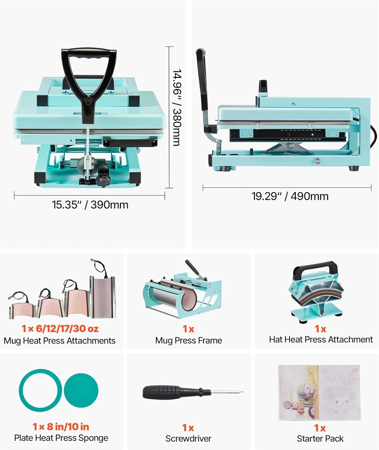 image:imageVEVOR Hybrid Heat Press 15 x 15 inch 8in1 Multifunction Heat Up Fast and Even AllNew Patented Design Easy to Control Sublimation Press Machine for TShirtsTumblersCapsPlates Light Green15X15 8 in 1Green