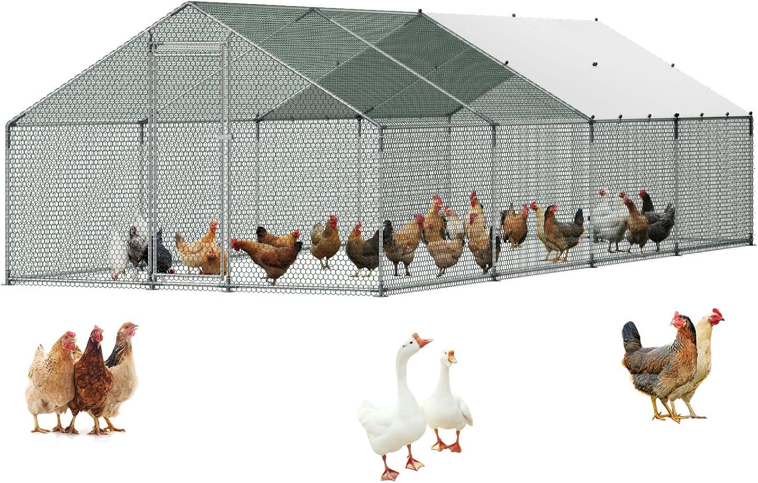 image:imageVEVOR Large Metal Chicken Coop 197x98x65ft Walkin Chicken Runs for Yard with Cover Spire Roof Hen House with Security Lock for Outdoor and Backyard Farm Duck Rabbit Cage Poultry PenSilver Spire Roof