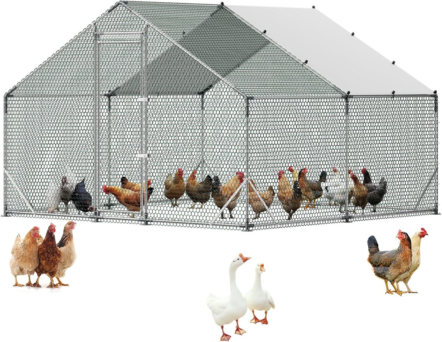 image:imageVEVOR Large Metal Chicken Coop 197x98x65ft Walkin Chicken Runs for Yard with Cover Spire Roof Hen House with Security Lock for Outdoor and Backyard Farm Duck Rabbit Cage Poultry PenSilver Spire Roof