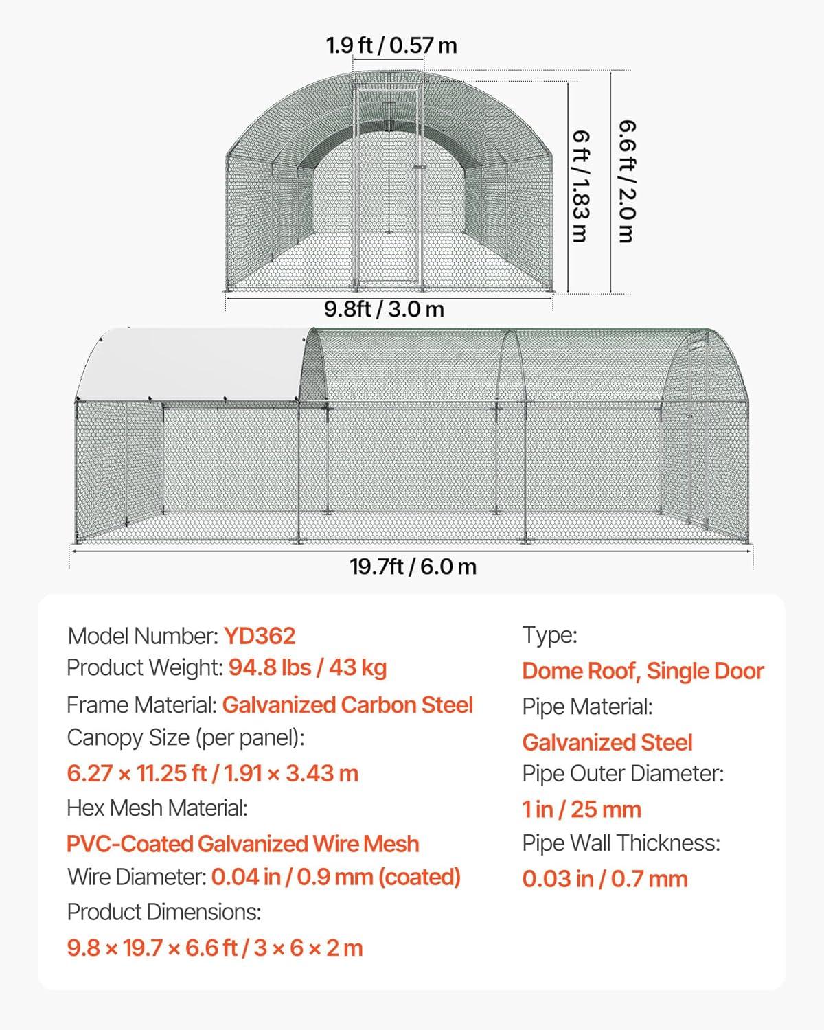 image:imageVEVOR Large Metal Chicken Coop 197x98x65ft Walkin Chicken Runs for Yard with Cover Spire Roof Hen House with Security Lock for Outdoor and Backyard Farm Duck Rabbit Cage Poultry PenSilver Dome Roof