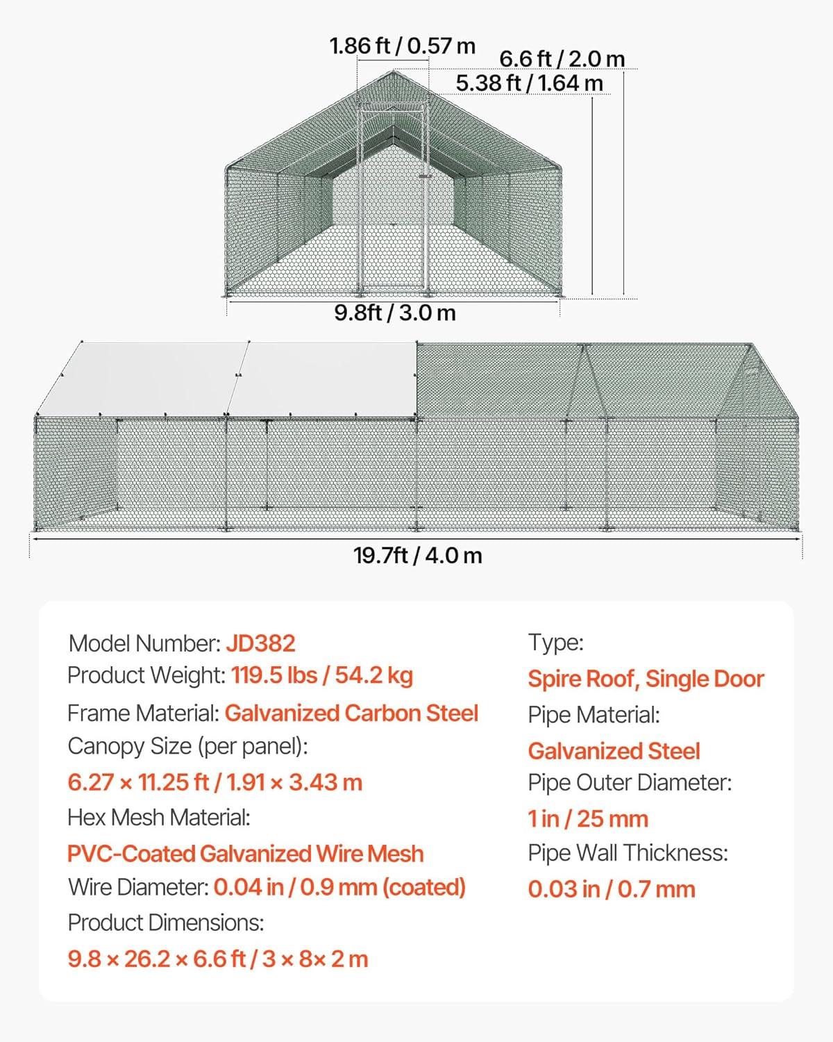 image:imageVEVOR Large Metal Chicken Coop 197x98x65ft Walkin Chicken Runs for Yard with Cover Spire Roof Hen House with Security Lock for Outdoor and Backyard Farm Duck Rabbit Cage Poultry PenSilver Spire Roof
