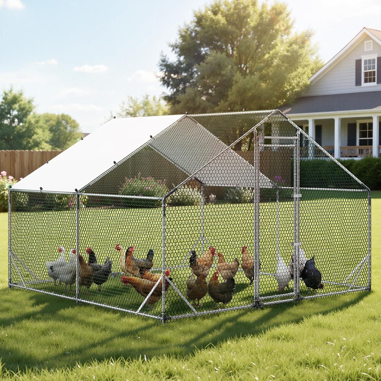 image:imageVEVOR Large Metal Chicken Coop 197x98x65ft Walkin Chicken Runs for Yard with Cover Spire Roof Hen House with Security Lock for Outdoor and Backyard Farm Duck Rabbit Cage Poultry PenSilver Spire Roof