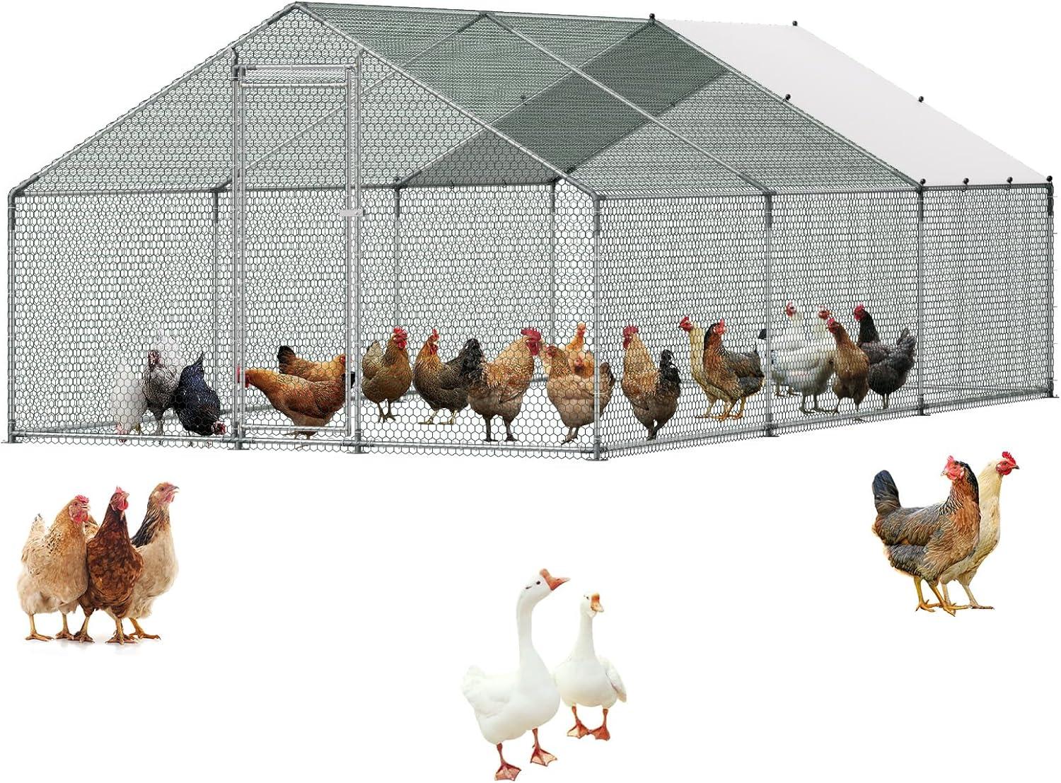 image:imageVEVOR Large Metal Chicken Coop 197x98x65ft Walkin Chicken Runs for Yard with Cover Spire Roof Hen House with Security Lock for Outdoor and Backyard Farm Duck Rabbit Cage Poultry PenSilver Spire Roof