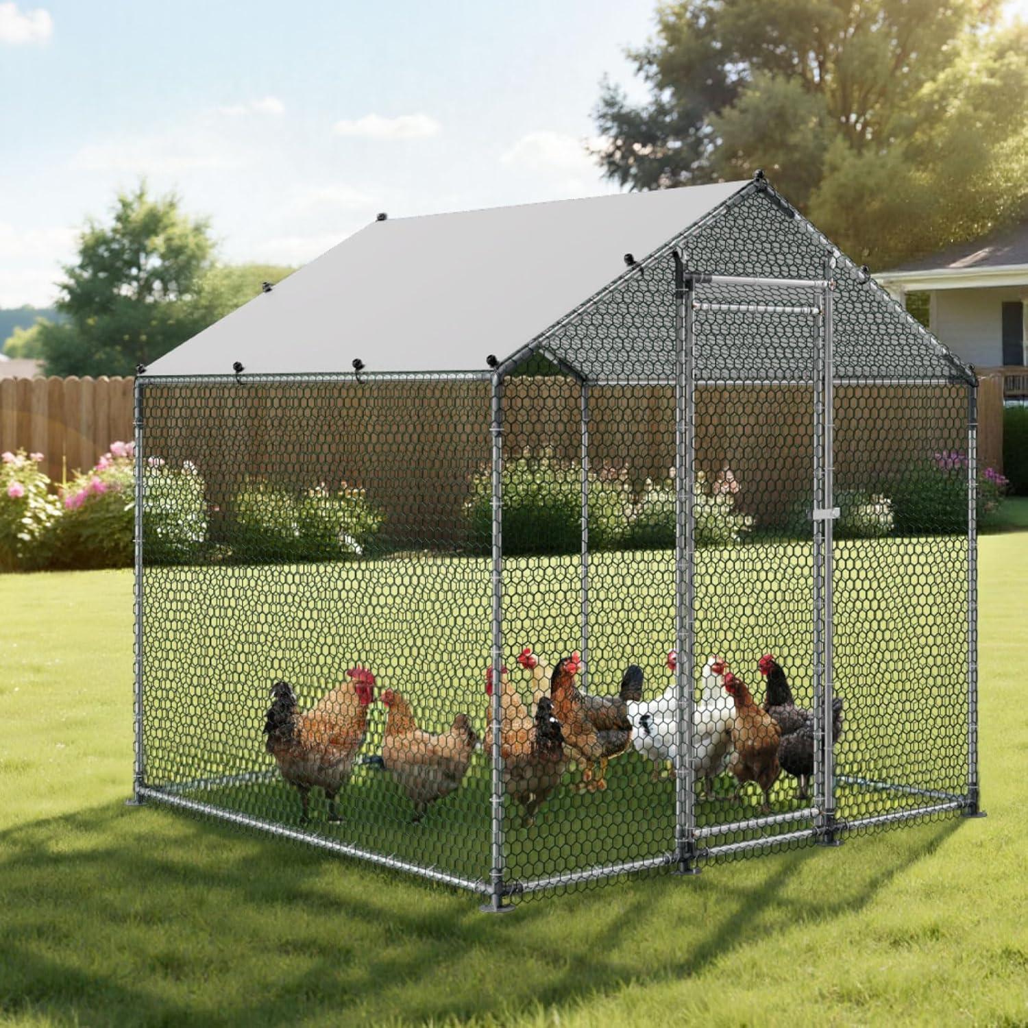 image:imageVEVOR Large Metal Chicken Coop 197x98x65ft Walkin Chicken Runs for Yard with Cover Spire Roof Hen House with Security Lock for Outdoor and Backyard Farm Duck Rabbit Cage Poultry PenSilver Spire Roof