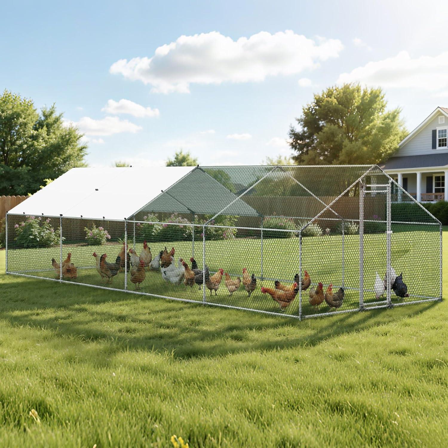image:imageVEVOR Large Metal Chicken Coop 197x98x65ft Walkin Chicken Runs for Yard with Cover Spire Roof Hen House with Security Lock for Outdoor and Backyard Farm Duck Rabbit Cage Poultry PenSilver Spire Roof