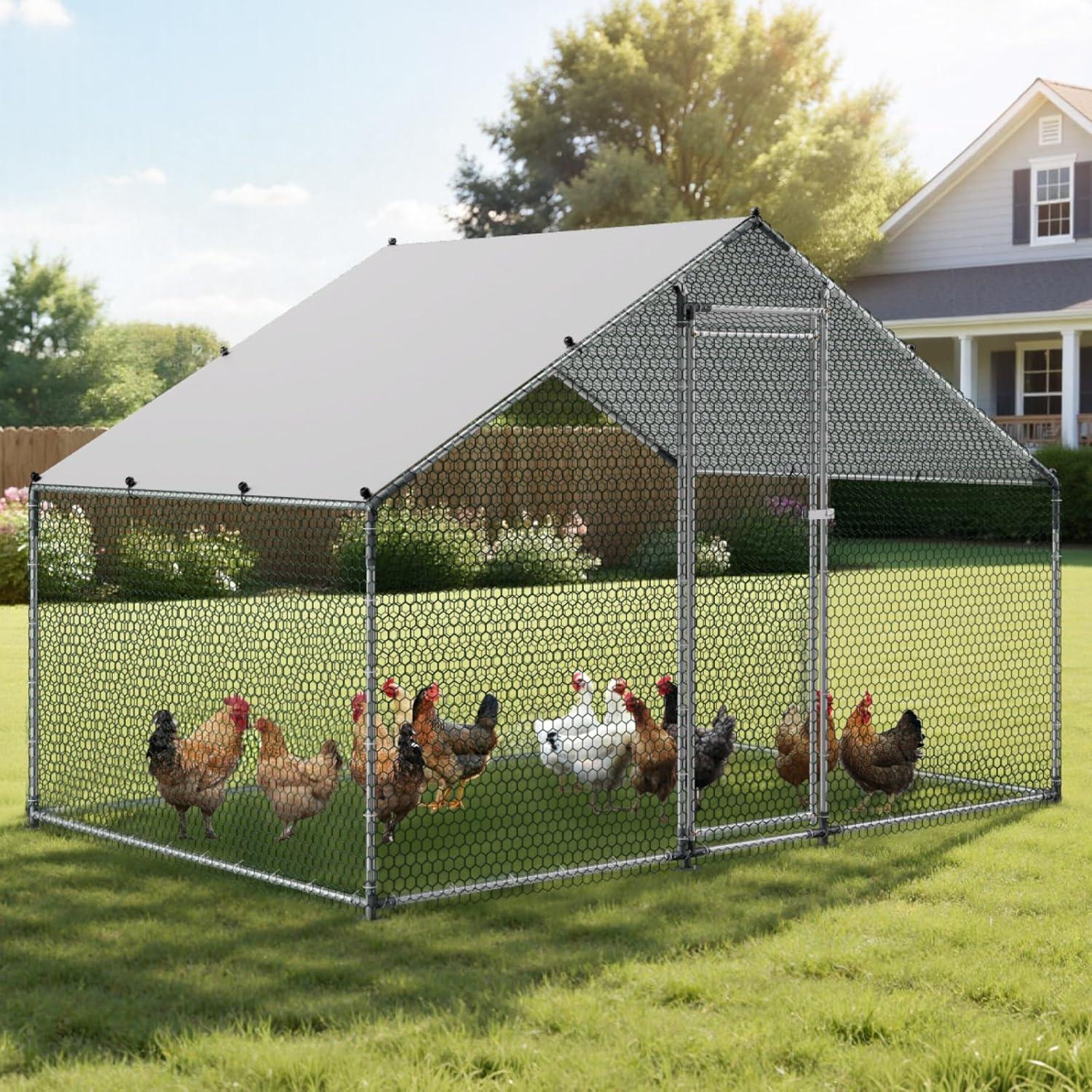 image:imageVEVOR Large Metal Chicken Coop 197x98x65ft Walkin Chicken Runs for Yard with Cover Spire Roof Hen House with Security Lock for Outdoor and Backyard Farm Duck Rabbit Cage Poultry PenSilver Spire Roof